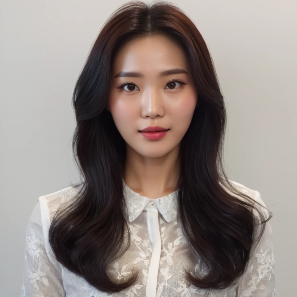 Best Quality, 8k, Masterpiece, (Portrait: 1.3), (photo realistic:1.4), (hyper realistic:1.4), Sharp Focus, looking at viewer, (smoother lighting:1.1), (increase cinematic lighting quality:0.9), realistic lighting, backlighting, light on face, ray trace, (brightening light:1.2), (Increase quality:1.4), sharp detail, (best quality real texture skin:1.4), finely detailed eyes, black_eyes, finely detailed face, 25 year old Korean woman, (white formal_shirt:1.4), (Create an image maintaining the original base model hairstyle:1.5)