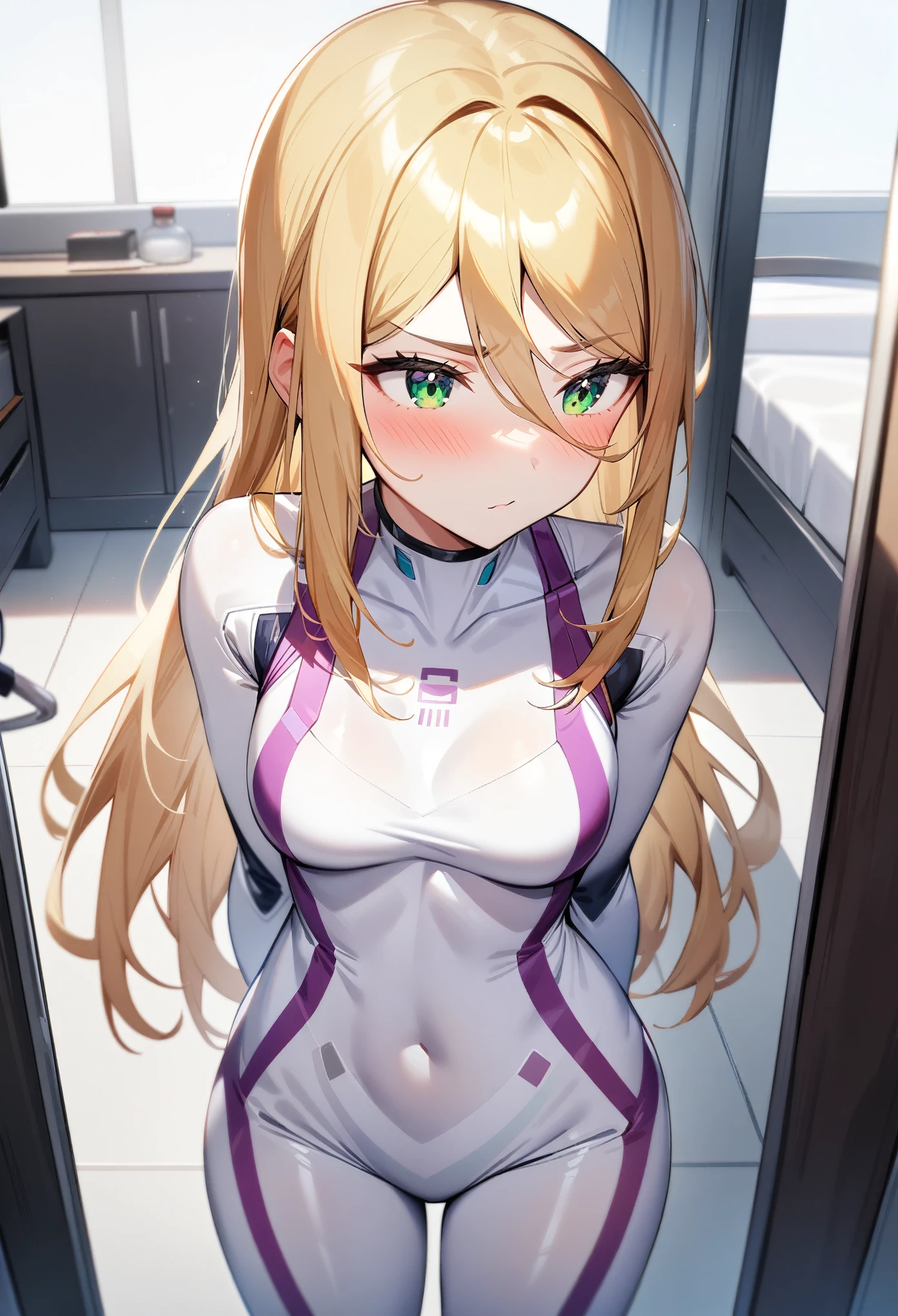 1girl,Samus aran,solo,green eyes,blonde hair,white zero suit,white body suit,purple stripes,cowboy shot,blush,in room,Science fiction,ultra-detailed,sharp focus,aesthetic,(best quality)