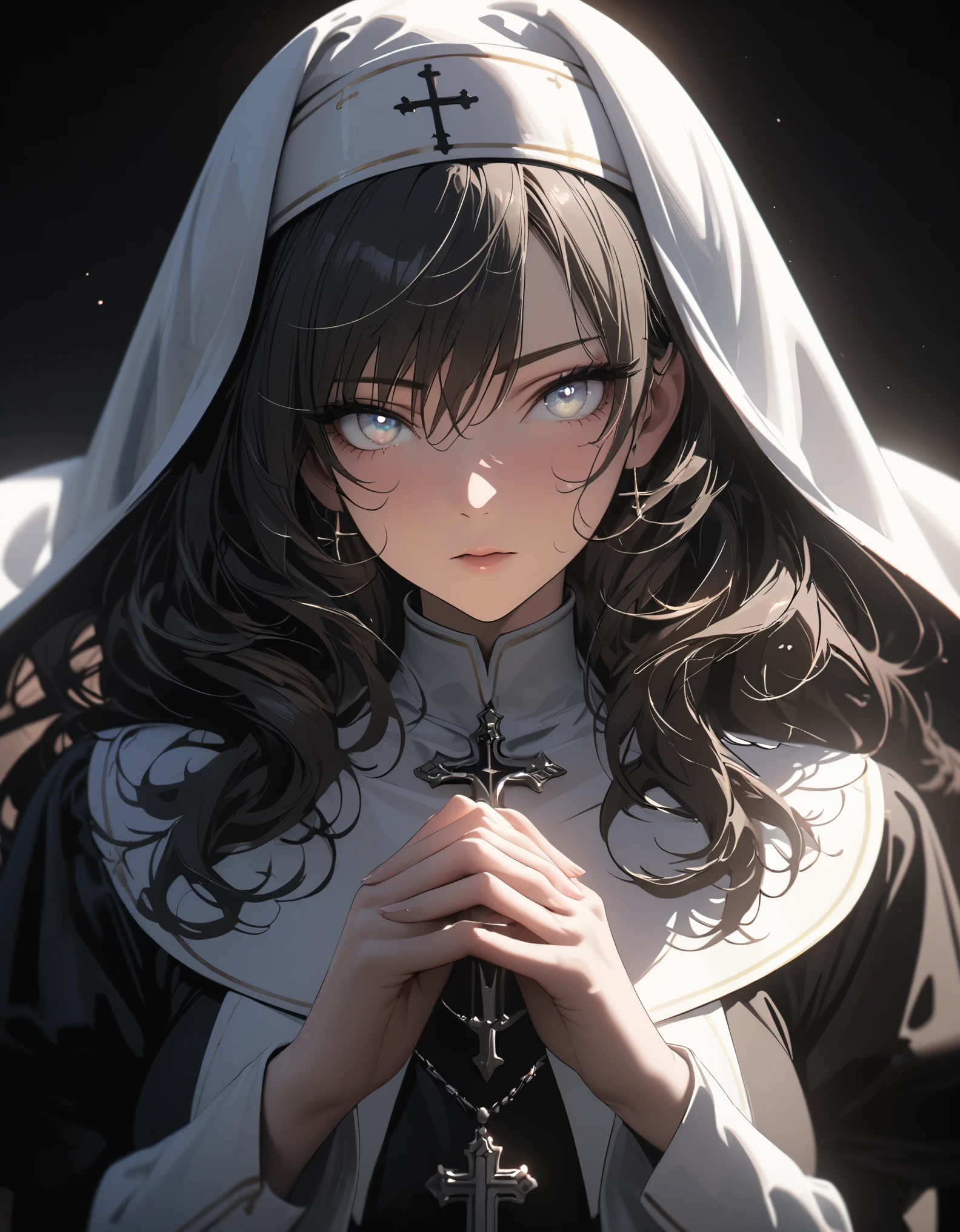 Beautiful nun, Exquisite facial features，close up加强，Meticulous portrayal，The eyes are sharply focused，Hands together，Beautiful cross，close up，rim light，Glowing special effects，full body portrait，OC renderer，Octane renderer，Pure black background， high detail, 4K, masterpiece.