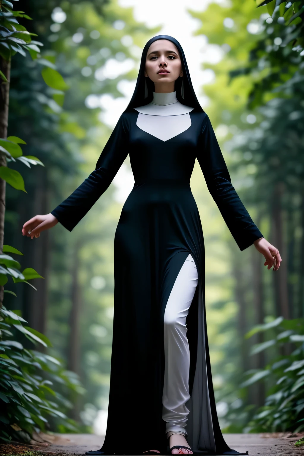 RAW, Best quality, high resolution, masterpiece: 1.3), old slim nun, Standing outdoor, Full body shot, From below, Fully clothed, Covered breasts, Covered cleavage, Braless, black clothes
Masterpiece: 1.3, Beautiful young nun, Outdoor full body shot, Taken from below, Modestly dressed, Ample bosom discreetly concealed, No bra visible
This stunning image of a young nun captures her beauty and grace as she stands in the sunlight, fully clothed and covered from head to toe. The full body shot, taken from below, accentuates her slim figure and the flow of her habit,