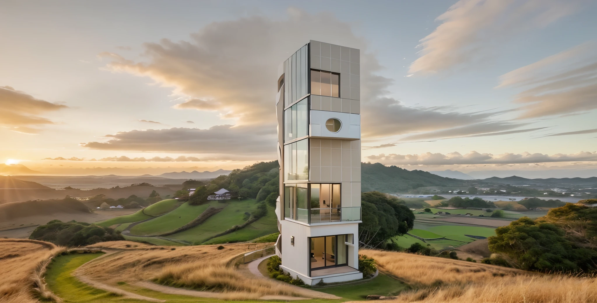 in the morning, sunrise, contemporary house exterior, beige and white mix together, glass door and window, large span balcony, on grassland, hillside, tropical landscape, masterpiece, high quality, ultra hd,