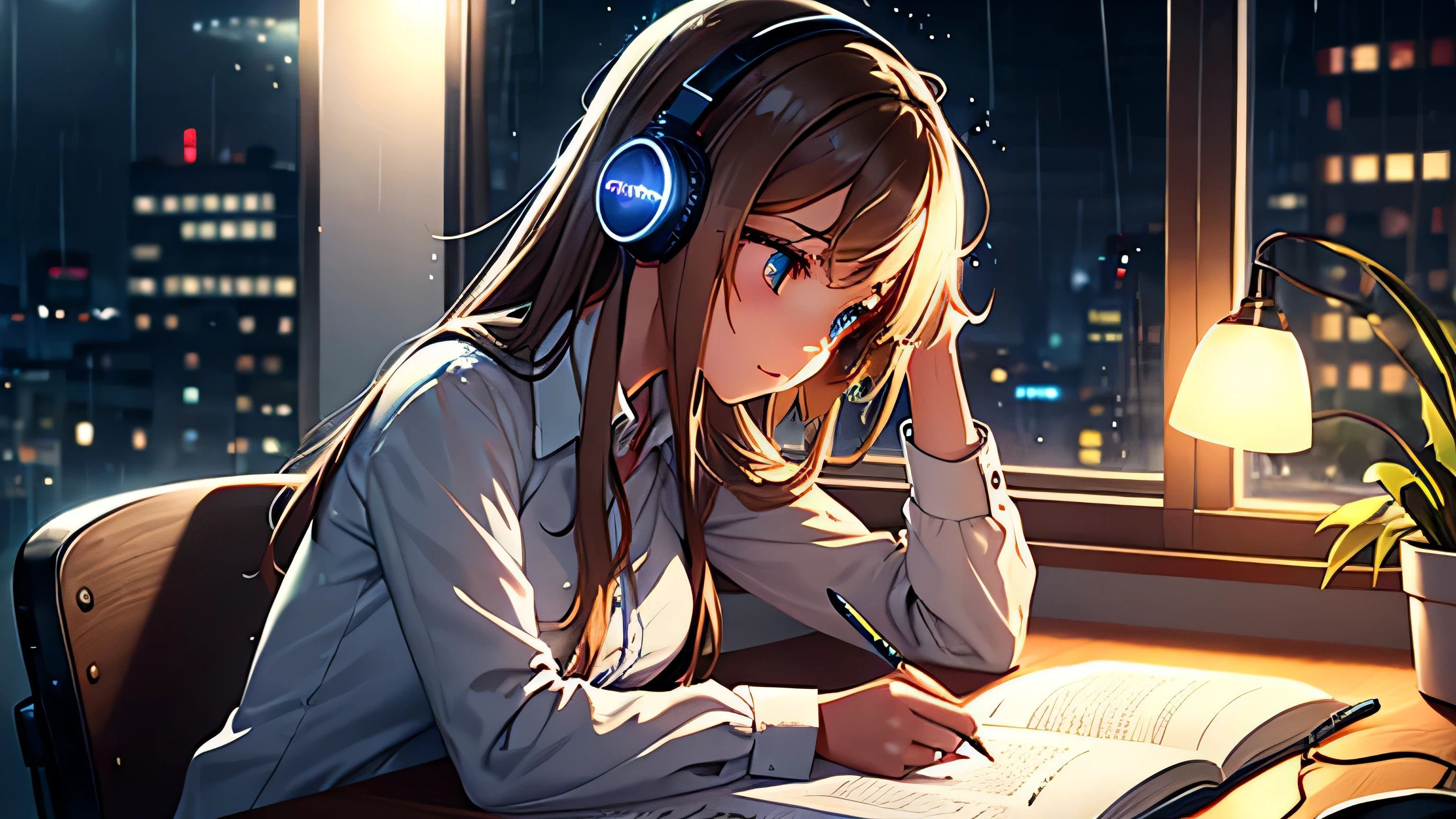 A beautiful girl wearing headphones immersed in her tasks at her desk　night view　rain　coffee　Tabletop light　pen　Note