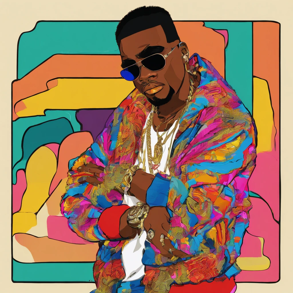 A classic image of an 80s rapper would likely feature someone with a flamboyant and striking style. Think of a guy wearing baggy pants, probably jeans, maybe with a few rips and patches, a bright T-shirt or tank top with a bold print or big, bold letters. He could be wearing a lot of jewelry, like thick gold chains and big shiny watches. Hair could be styled into a cool cut, like a flat-top or cornrows, and perhaps even adorned with accessories, like bandanas or caps. On the feet, colorful and chunky sneakers would complete the look. And of course, we can't forget the big, dark sunglasses, which were an essential element of many rappers' style at the time. Imagine this character, probably in a confident pose, with an attitude that oozes self-confidence and determination, ready to conquer the world with his music and his captivating presence.