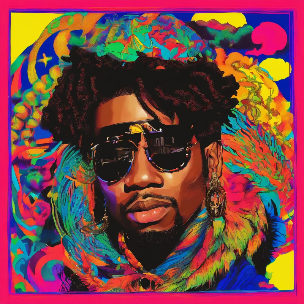 A classic image of an 80s rapper would likely feature someone with a flamboyant and striking style. Think of a guy wearing baggy pants, probably jeans, maybe with a few rips and patches, a bright T-shirt or tank top with a bold print or big, bold letters. He could be wearing a lot of jewelry, like thick gold chains and big shiny watches. Hair could be styled into a cool cut, like a flat-top or cornrows, and perhaps even adorned with accessories, like bandanas or caps. On the feet, colorful and chunky sneakers would complete the look. And of course, we can't forget the big, dark sunglasses, which were an essential element of many rappers' style at the time. Imagine this character, probably in a confident pose, with an attitude that oozes self-confidence and determination, ready to conquer the world with his music and his captivating presence.