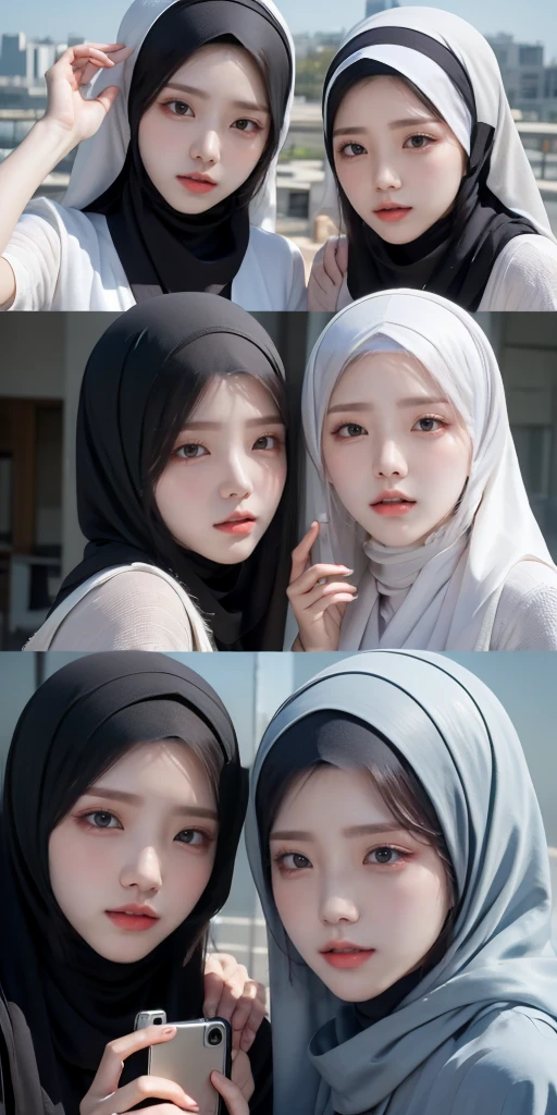 on the table, best quality, illustration, Very detailed, fine details, High resolution, 8k wallpaper, Perfect dynamic composition, A lot of people都戴着头巾, A lot of people's hijab, (Three girls in headscarves taking pictures with front-facing cameras), A lot of people, Beautiful eye details, natural lips , smiling lips,(chuckle on lips), Hand details, (perfect fingers, without defects), wearing muslim headscarf, muslim clothing, luxurious robe, Full body image, blue sky view, Sunlight, close-up photo, (Three girls in headscarves taking pictures with front-facing cameras), lots of People in hijabs, Girls taking pictures, Show your big breasts, People in hijabs, All girls have front facing cameras