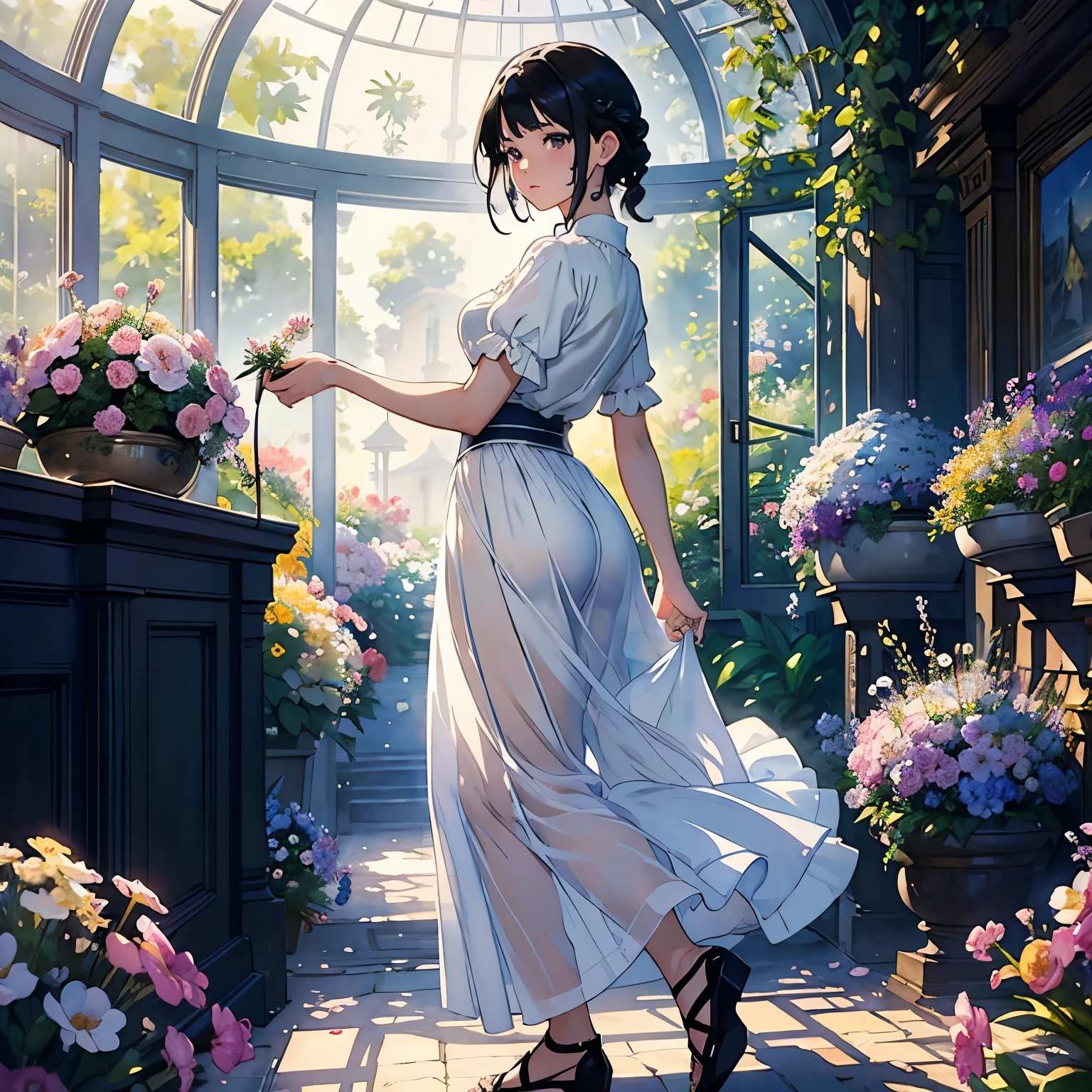(highest quality、masterpiece、High resolution)、(Sargent style watercolor)、(anime art)、(1 woman)、18-year-old、medium short hair、black hair、braided hair、White blouse and long skirt、one piece、cinematic light、soft light、Indoor Botanical Garden、dome、(lots of flowers)、A garden with dancing petals、blur the background、