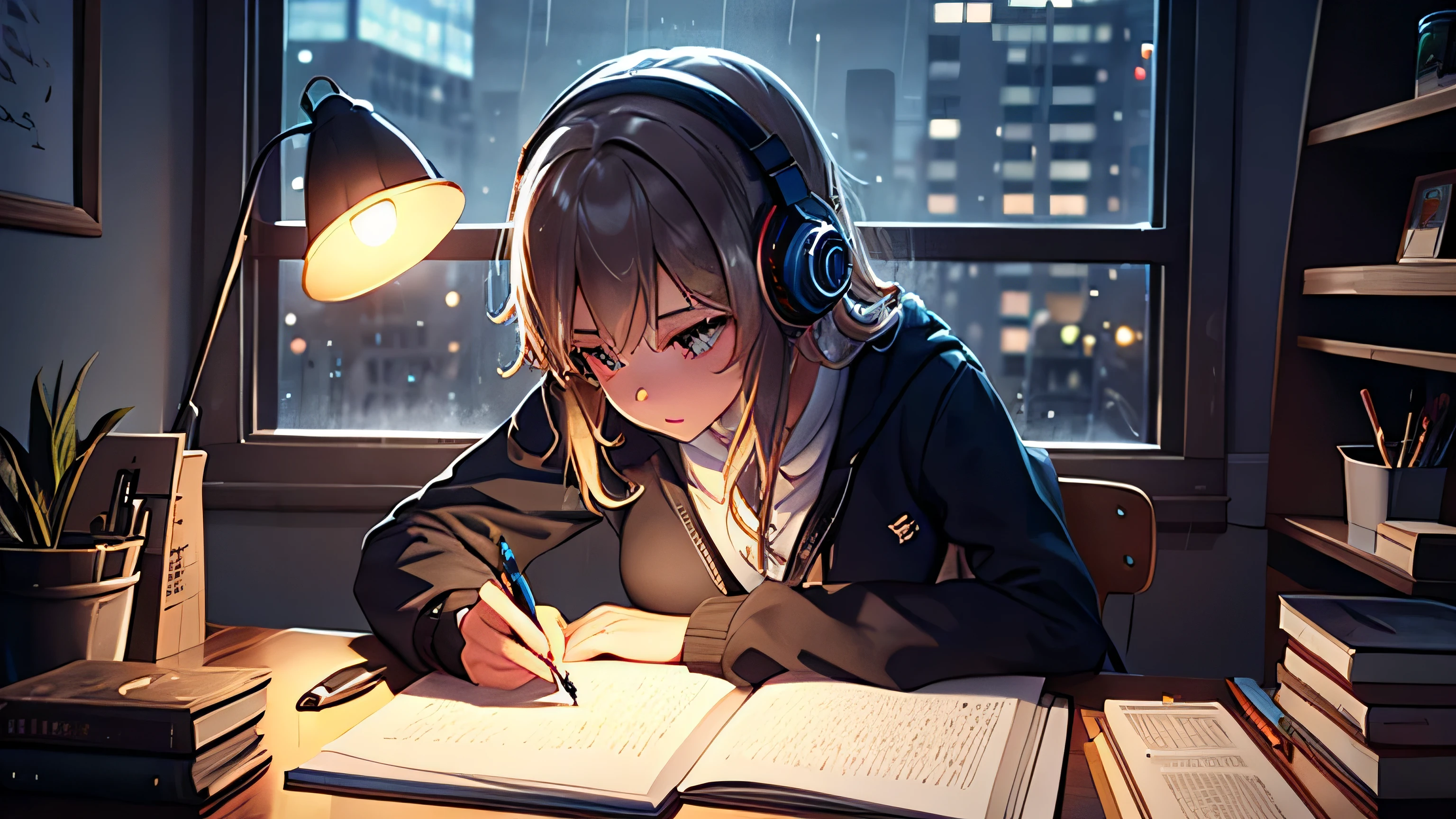 A beautiful girl wearing headphones immersed in her tasks at her desk night view rain coffee Tabletop light pen Note