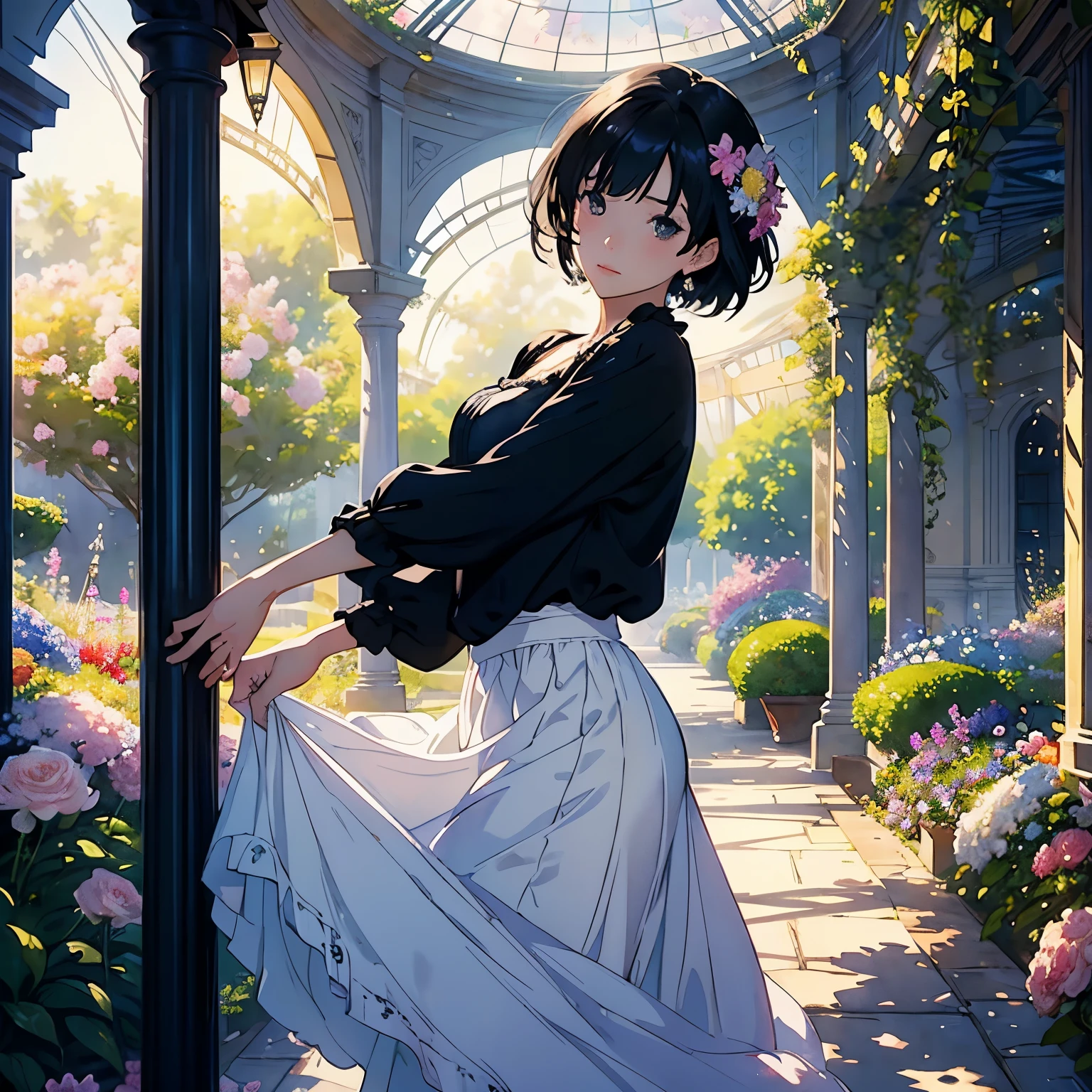 (highest quality、masterpiece、High resolution)、(Sargent style watercolor)、(anime art)、(1 woman)、18-year-old、medium short hair、black hair、braided hair、White blouse and long skirt、one piece、cinematic light、soft light、botanical garden、dome、gazebo、(lots of flowers)、A garden with dancing petals、blur the background、