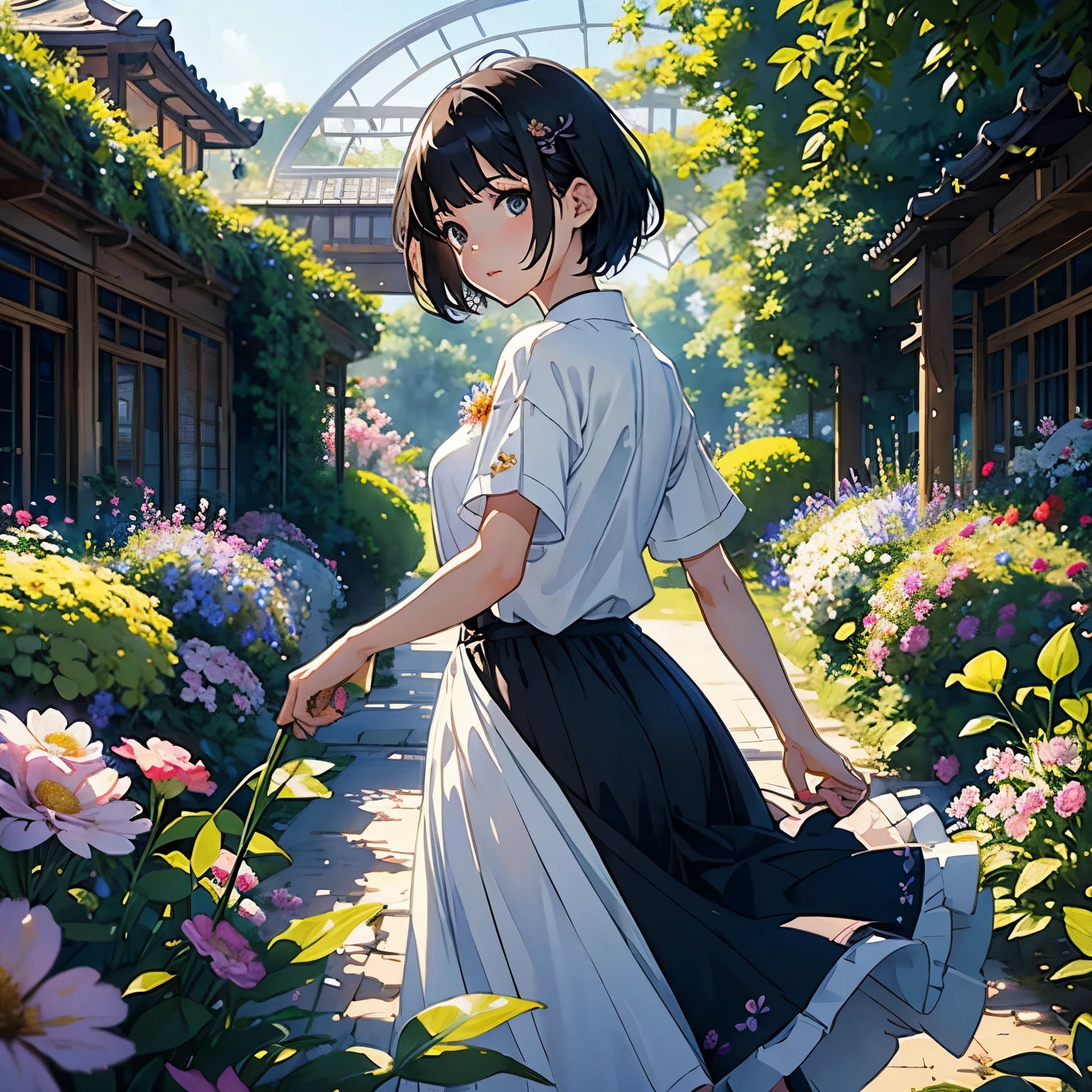 (highest quality、masterpiece、High resolution)、(Sargent style watercolor)、(anime art)、(1 woman)、18-year-old、Taking care of floweredium short hair、black hair、braided hair、White blouse and long skirt、one piece、cinematic light、soft light、botanical garden、dome、gazebo、(lots of flowers)、A garden with dancing petals、blur the background、