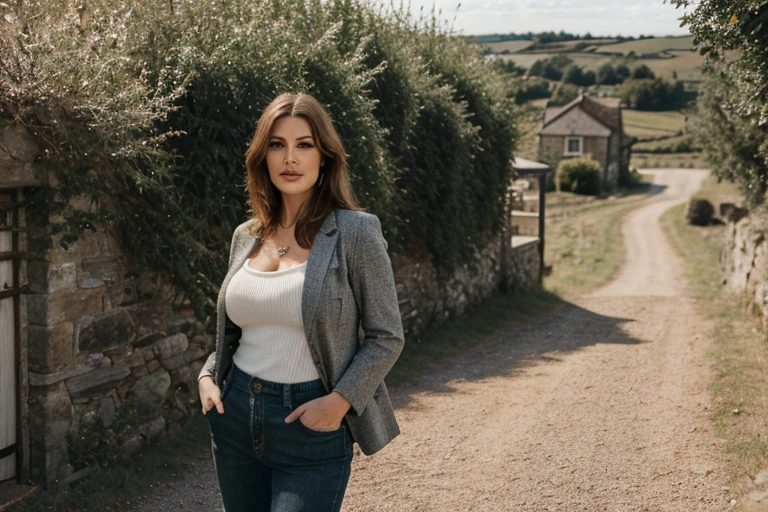 Carla, 40 ans, bimbo, mature, influenceuse, cheveux bruns, realistic body, realistic hair, peau naturelle, realistic skin, realistic eyes, Realistic clothing, extremely detailed, in the countryside, realistic location, 8K, hd