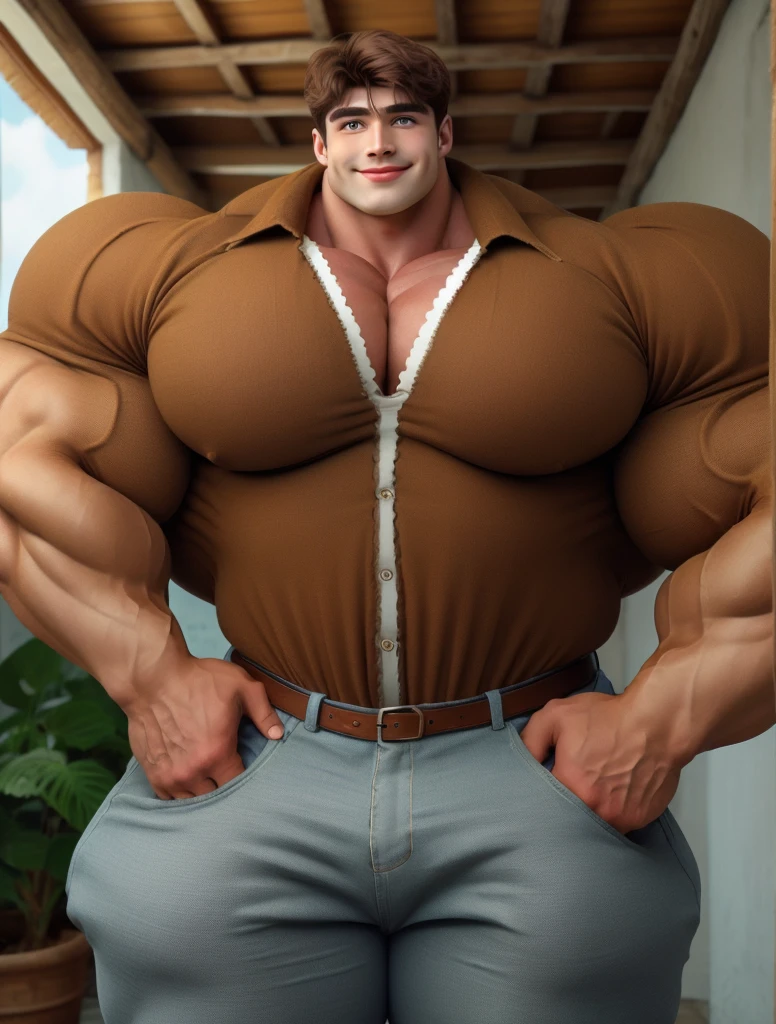 1boy, brutalmass, giant, massive body, bulk, wide pecs, large body size, big brown eyes, handsome warm smile, open linen blouse, rolled up trousers, early 1900s, the Bahamas, explorer adventurer, rustic village,