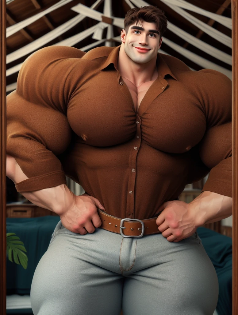 1boy, brutalmass, giant, massive body, bulk, wide pecs, large body size, big brown eyes, handsome warm smile, open linen blouse, rolled up trousers, early 1900s, the Bahamas, explorer adventurer, rustic village,