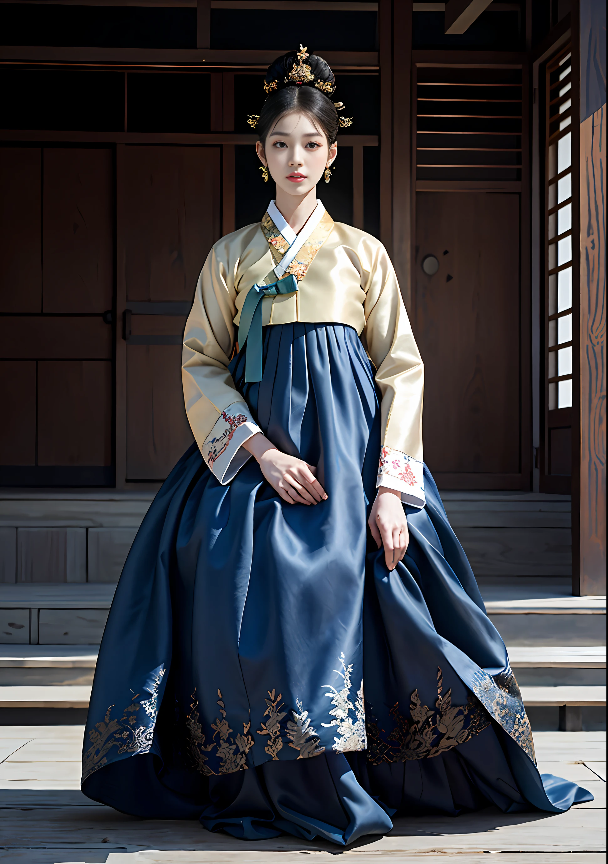 Dark Hanok, Korean classic house, Korean woman, (masterpiece), (detailed), (intricate details), (realistic, photorealistic realistic: 1.37),illustration, Very delicate and beautiful., very detailed, very detailed, very detailed, CG, unity, 8K wallpapers, amazing, delicate details, very detailed CG Unity 8k, very detailed, high resolution, very detailed, very detailed eyes and face, whole body, front view, (looking for a viewer:1.4), 1 girl, (20 years old), pale skin, black hair, ponytail, hairpin, part, headdress, earring, floral pattern, Han bok, slim body,