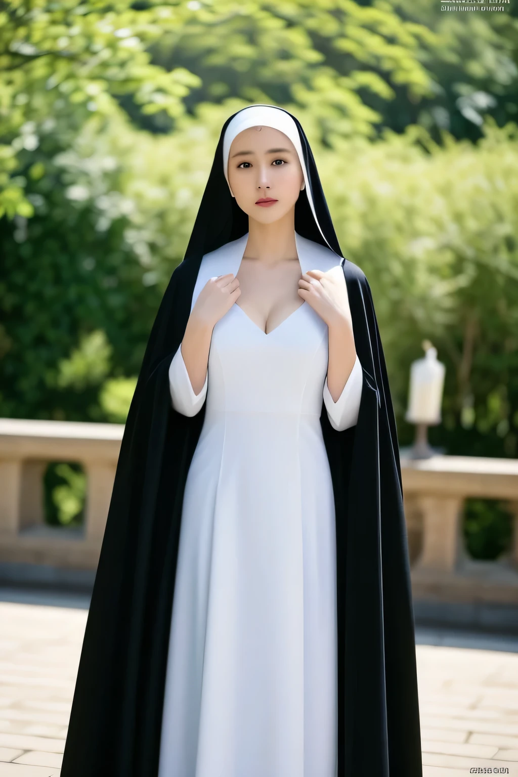 ((Best quality, 8k, Masterpiece: 1.3)), 1 old slim nun, standing gracefully outdoors, captured in a full body shot, taken from below to accentuate her divine presence, all while remaining fully clothed in her sacred garments. With remarkable modesty, her ensemble discreetly covers her breasts, ensuring no hint of impropriety, and conceals any trace of cleavage. The ethereal nun, true to her vows, defies convention as she radiates purity and spiritual devotion, transcending earthly desires. black clothes