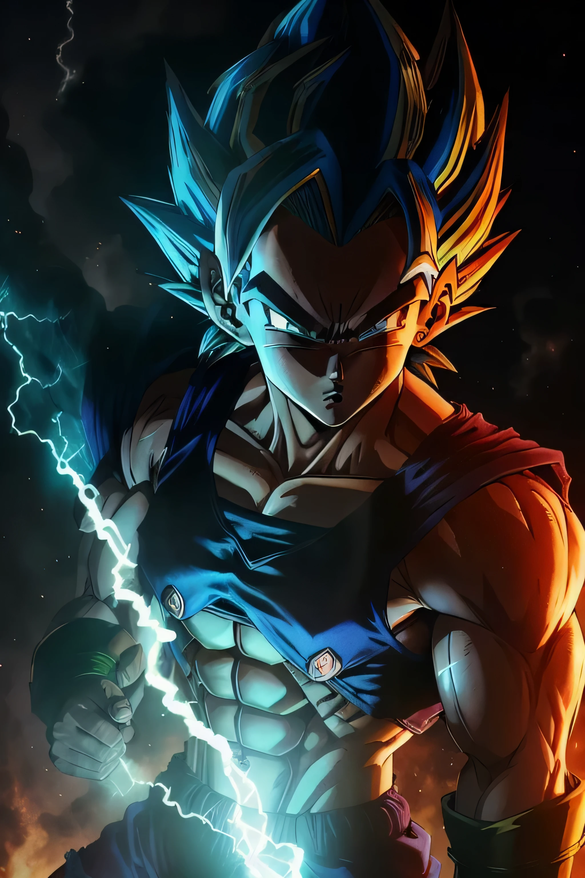 masterpiece, highest quality, Vegeta Super Saiyan Blue, Blue hair, blue lightning, pointing at myself