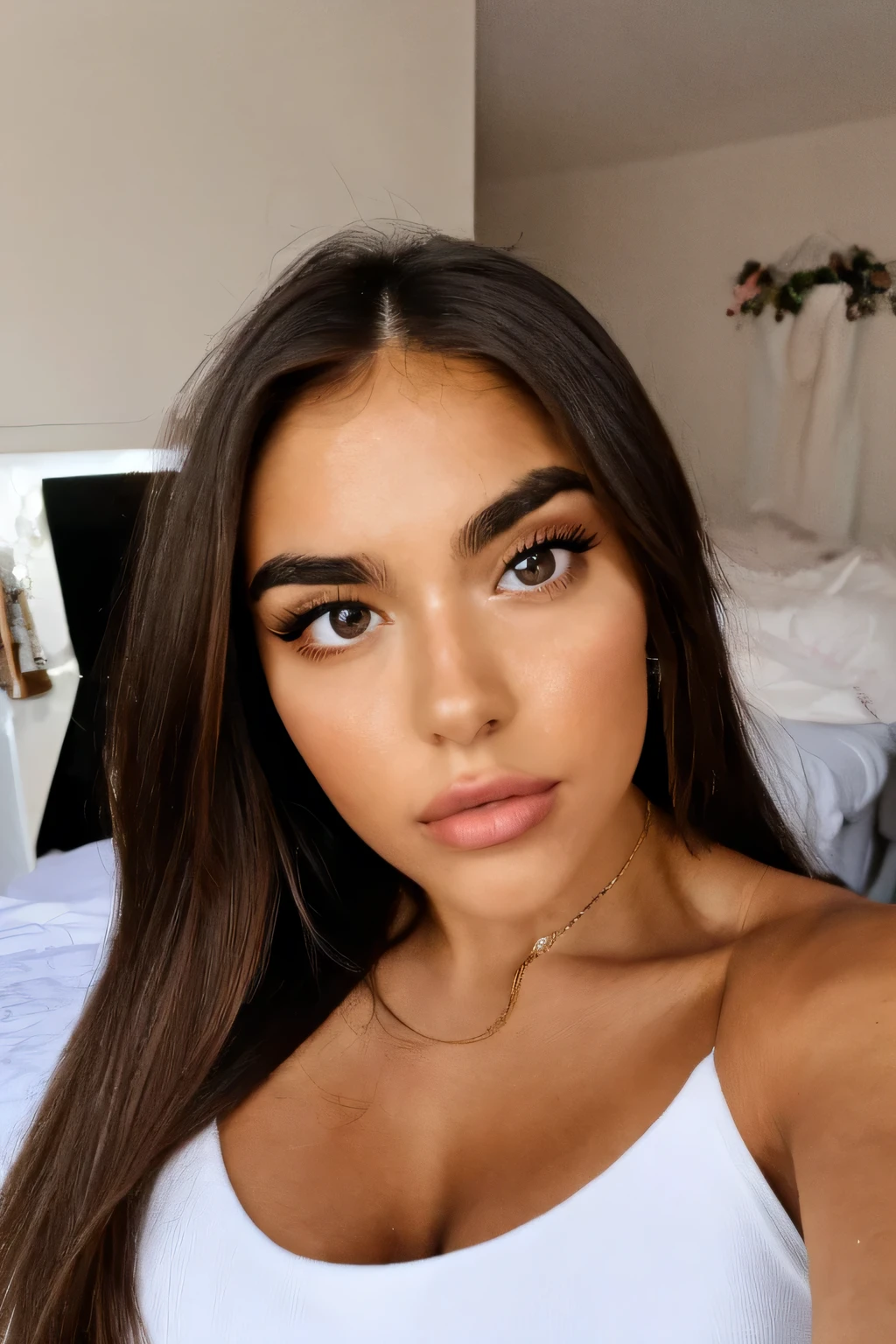 a selfie of a gorgesous woman from Greece, wearing a white dress in standing in her bedroom, 24 years old, brown hair, huge lips, arched eyebrows, large round eyes, prominent facial features, brown eyes, small nose, portrait of Madison beer, fit, athletic, large breasts