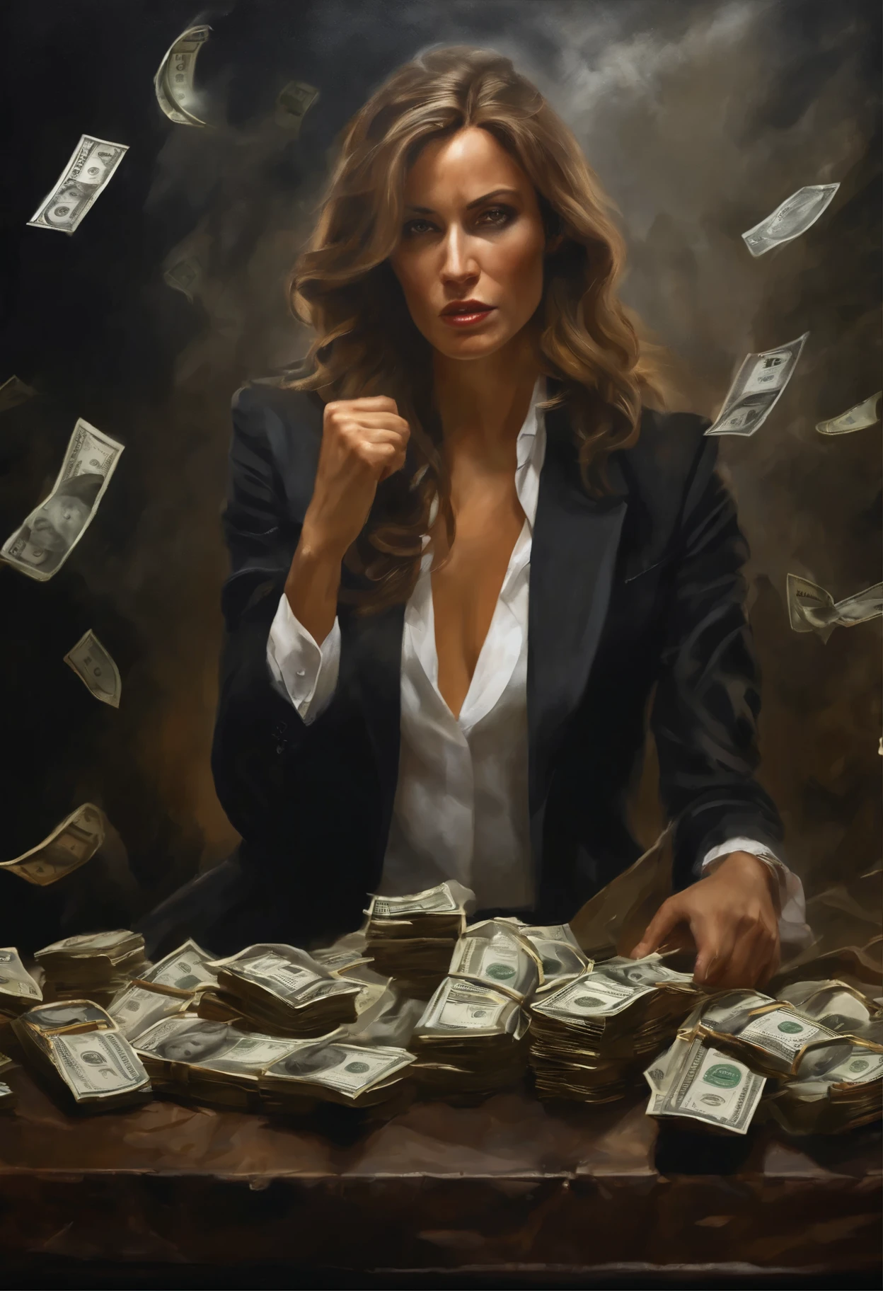 a woman fighting against money, oil painting, harsh brushstrokes, dramatic lighting, intense expression, determined eyes, clenched fists, sweat dripping down her face, wrinkled suit, broken chains, crumbling dollar bills, crumbling stock market graph, smoke rising in the background, black and white with a touch of gold, realism. (best quality, highres, ultra-detailed), (realistic:1.37), professional, vivid colors.
