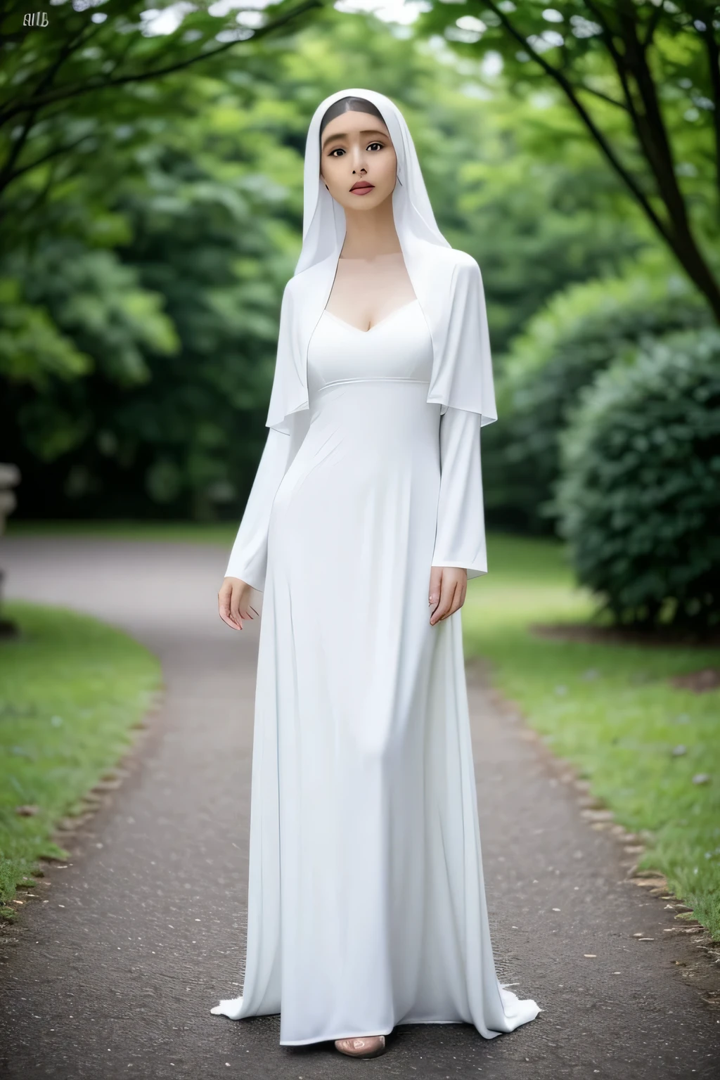 ((Best quality, 8k, Masterpiece: 1.3)), 1 old slim nun, standing gracefully outdoors, captured in a full body shot, taken from below to accentuate her divine presence, all while remaining fully clothed in her sacred garments. With remarkable modesty, her ensemble discreetly covers her breasts, ensuring no hint of impropriety, and conceals any trace of cleavage. The ethereal nun, true to her vows, defies convention as she radiates purity and spiritual devotion, transcending earthly desires. black clothes