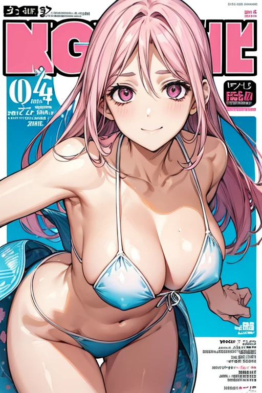 magazine cover,swimsuit,gravure,pink hair,pink eyes,best style,bangs parting,bright smile,gravureアイドル,the most beautiful in the world