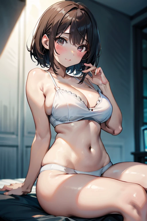 1girl,1boy,Couple,pair,masterpiece, Awards, high quality, High resolution, HD, 4K,8K,high quality,portrait,simple background,closeup upperbody,white clothes,microbikini,large breasts,Independently deformed breasts,shruged,viscous paint,(swiping breasts:1.5),(mochi shaped breasts:1.3),shorts,short hair,oily skin,sitting,upright_straddle