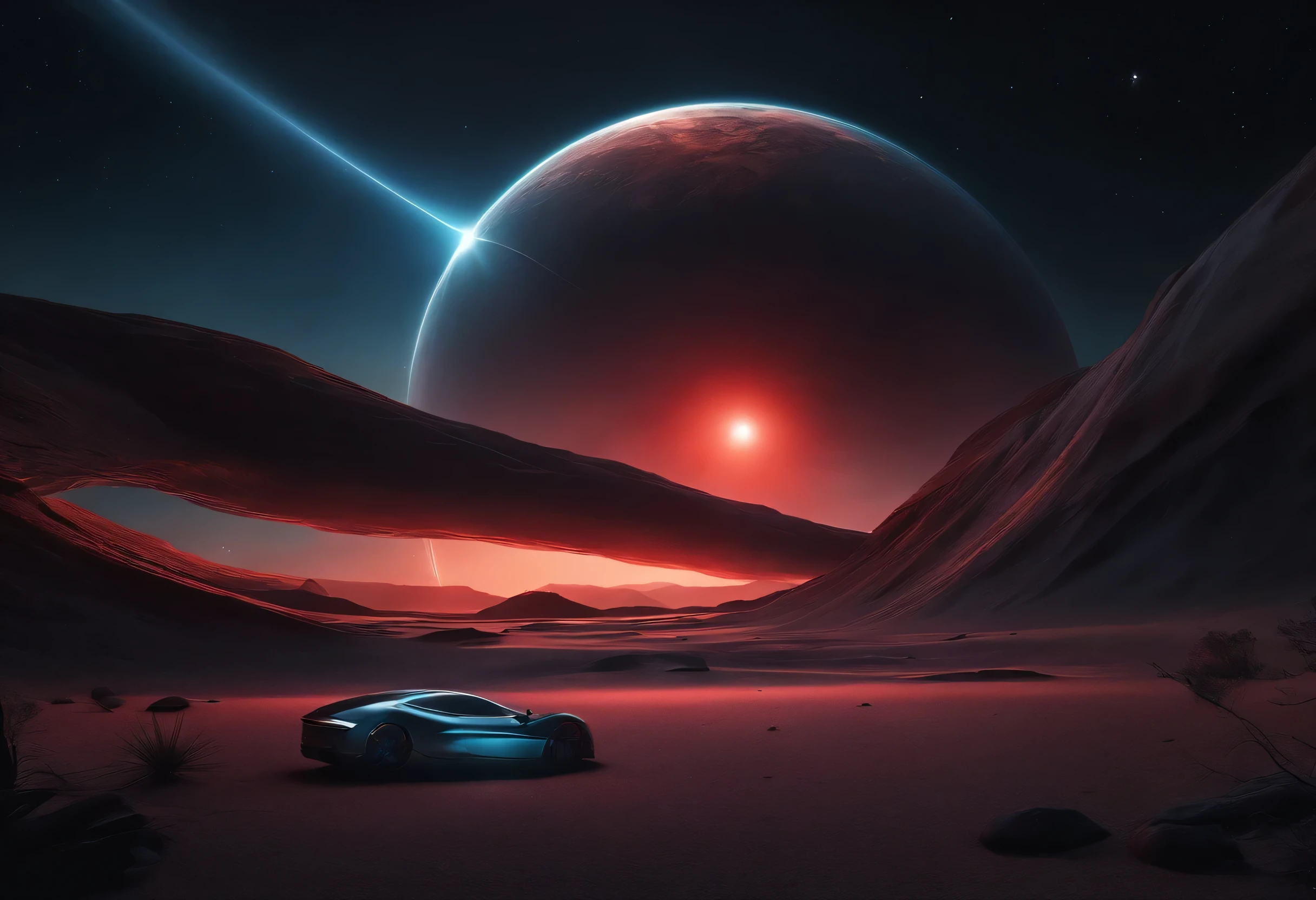 a space art Galactic Landscape, Costa, sky with big red planet , arte conceitual, vetor, alta qualidade, Viewing great detail, Motor irreal, octane rendering, Ultra alta qualidade, ultra high-resolution, surreal, Cor Correta, Good Lighting Settings, good composition, bordas afiadas, harmonious composition, ultra precise, master part, Trabalho premiado, plantas definidas, perfect composition, planeta circular bem definido, com um carro preto e vermelho futurista em frente a paisagem, carro preto e vermelho estacionado no planeta,3DCG,(depth),realistic,