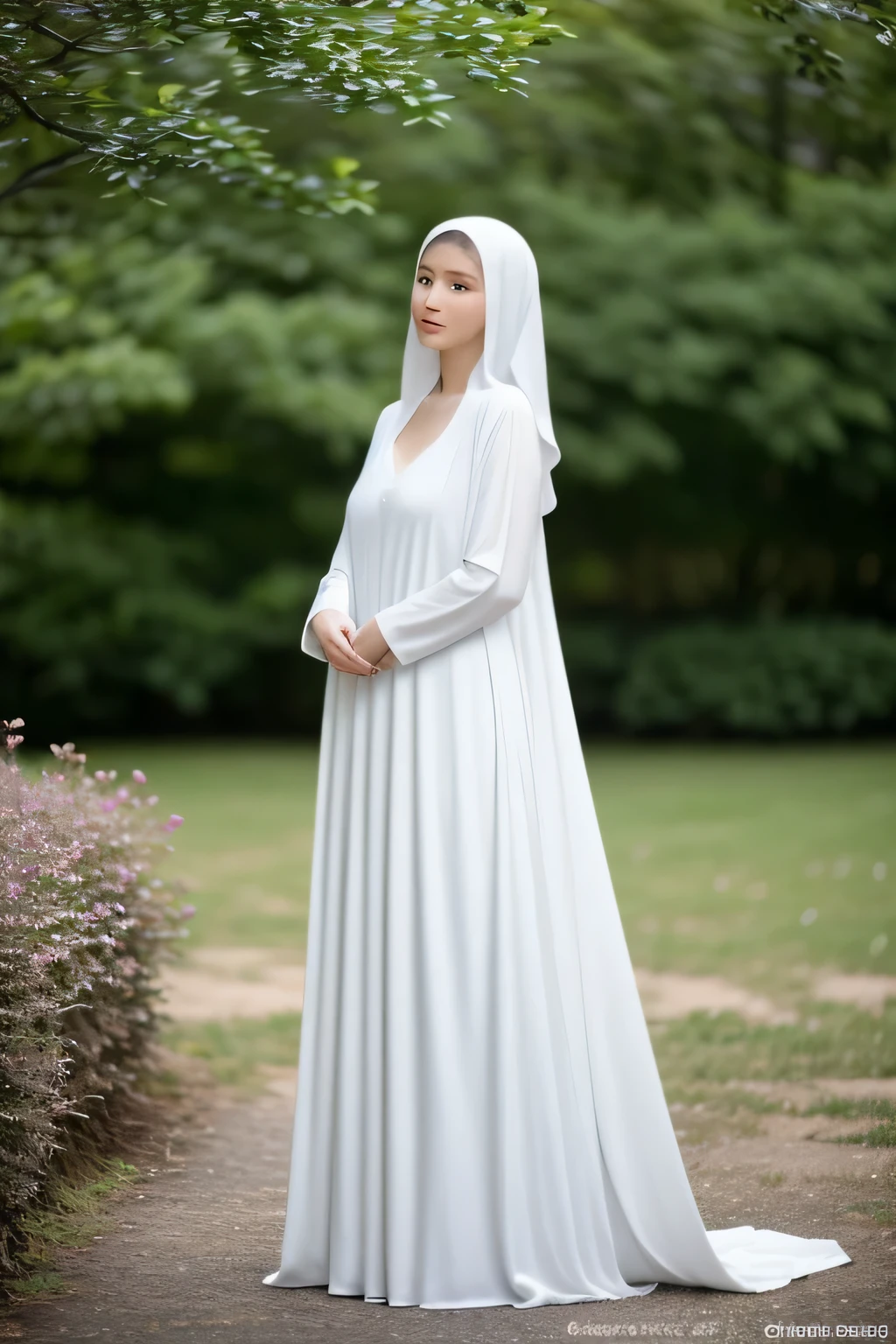 ((Best quality, 8k, Masterpiece: 1.3)), 1 old slim nun, standing gracefully outdoors, captured in a full body shot, taken from below to accentuate her divine presence, all while remaining fully clothed in her sacred garments. With remarkable modesty, her ensemble discreetly covers her gigantic breasts, ensuring no hint of impropriety, and conceals any trace of cleavage. The ethereal nun, true to her vows, defies convention as she radiates purity and spiritual devotion, transcending earthly desires.
