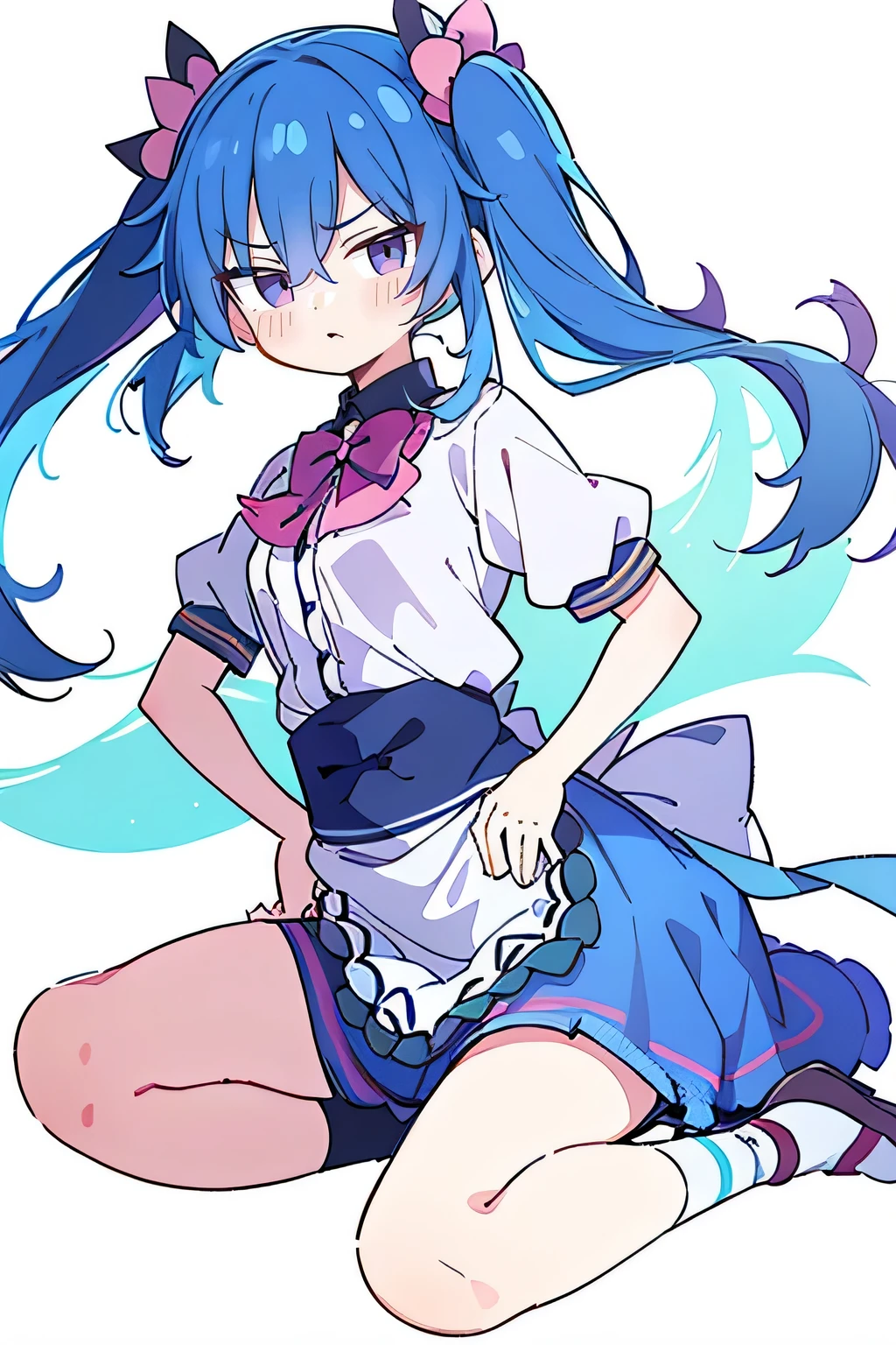 (masterpiece),best quality, expressive eyes, perfect face, 1girl,
Put your hands on your waist,fair, Gorgeous,Japanese cartoons,girl,lola,Hina Angel, blue hair, blue haired, floating clothes,Grab your waist, Grab your waist, hands on hips , hands on hips,sit, sit on ground, Legs on the ground, flat chest
