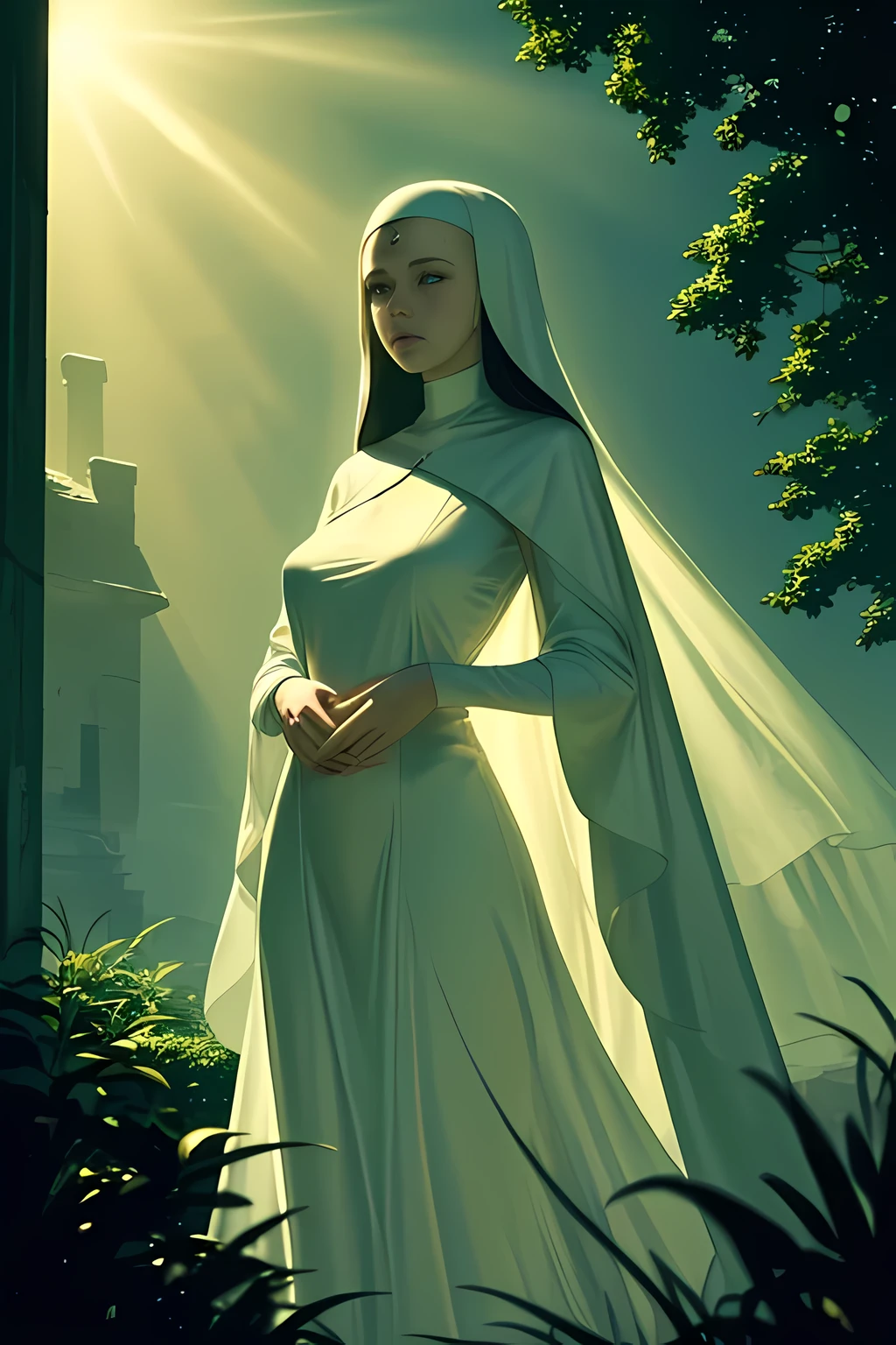 (Masterpiece, top quality, best quality, official art, beautiful and aesthetic: 1.2), (1 old slim nun), Extreme detailed, colorful, highest detailed, full body shot, Taken from below, Outdoor setting, Fully clothed, Covered gigantic breasts, Braless, Hidden cleavage, Delicate and intricate robe, Soft and flowing fabric, Slender and graceful figure, Serene expression, Harmonious composition, Atmospheric perspective, Soft focus, Golden hour lighting, Sunrays filtering through, Shimmering aura, Noble and spiritual, Neo-classical, Minimalist, Zen-inspired, Det
