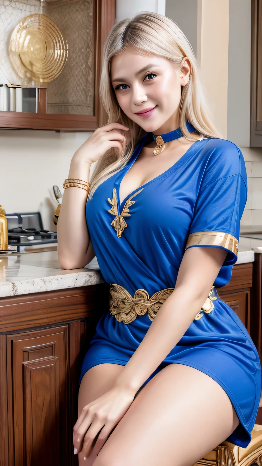 (masterpiece, best quality),  intricate details,, 1girl,     Gura, multicolored hair, blue eyes, shark hair ornament, gold hair ornament, gold choker, gold bracelet, sharp teeth, grin, blue hoodie,,  greek clothes, peplos,