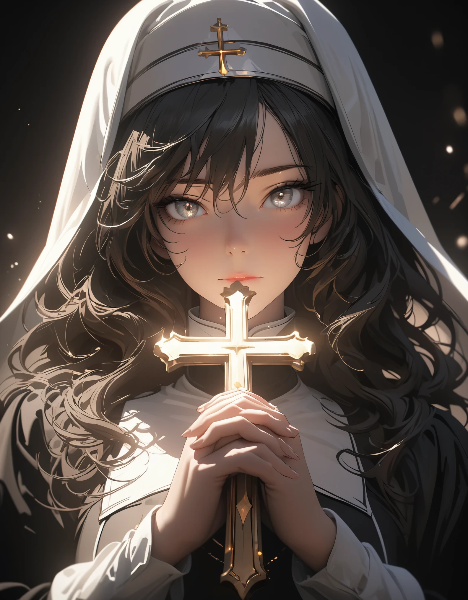 Beautiful nun, Exquisite facial features,close up加强,Meticulous portrayal,The eyes are sharply focused,Hands together,Beautiful cross,close up,rim light,Glowing special effects,full body portrait,OC renderer,Octane renderer,Pure black background, high detail, 4K, masterpiece.