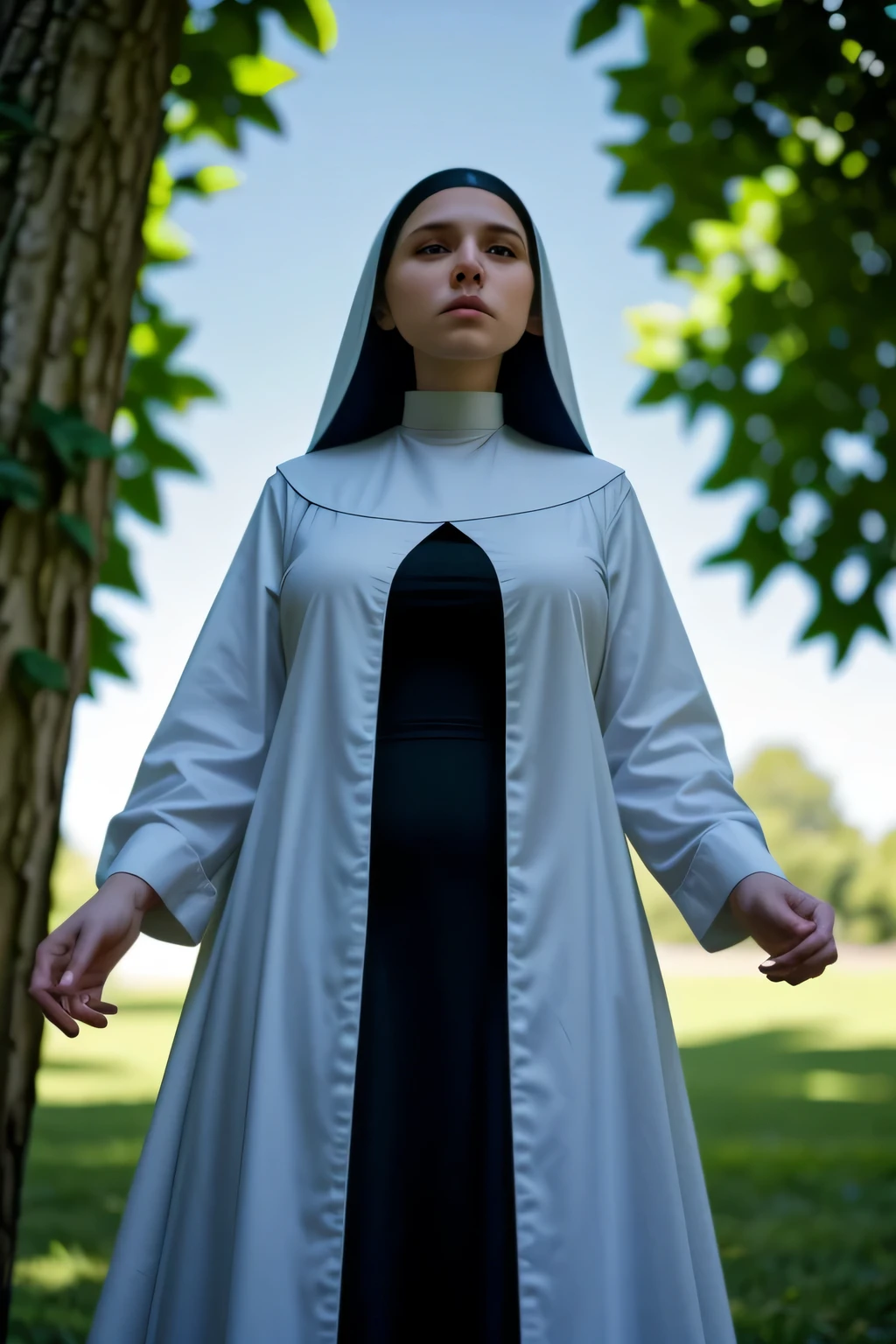 RAW, Best quality, high resolution, masterpiece: 1.3), old slim nun, Standing outdoor, Full body shot, From below, Fully clothed, Covered gigantic breasts, Covered cleavage, Braless

Masterpiece: 1.3, Beautiful young nun, Outdoor full body shot, Taken from below, Modestly dressed, Ample bosom discreetly concealed, No bra visible

This stunning image of a young nun captures her beauty and grace as she stands in the sunlight, fully clothed and covered from head to toe. The full body shot, taken from below, accentuates her slim figure and the flow of her habit,