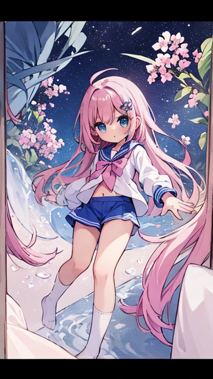 beautiful illustrations, highest quality, (12 year old girl:1.4)、(pretty girl：1.5)、、(inside the aquarium)、flat chest、sailor collar、(White long tunic)、long sleeve sailor suit、Blue-line cuffs、(pink chino shorts：1.4)、(pink shorts with wide opening：1.2)、Gap between thigh and pants、slim thighs、white socks、 cinematic lighting, (pink long hair)、pink straight hair、redness of cheeks、(Braiding of the back of the head)
