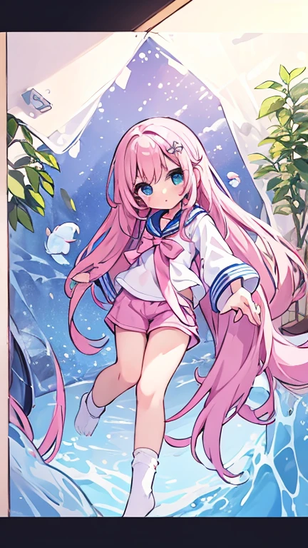 beautiful illustrations, highest quality, (12 year old girl:1.4)、(pretty girl：1.5)、、(inside the aquarium)、flat chest、sailor collar、(White long tunic)、long sleeve sailor suit、Blue-line cuffs、(pink chino shorts：1.4)、(pink shorts with wide opening：1.2)、Gap between thigh and pants、slim thighs、white socks、 cinematic lighting, (pink long hair)、pink straight hair、redness of cheeks、(Braiding of the back of the head)