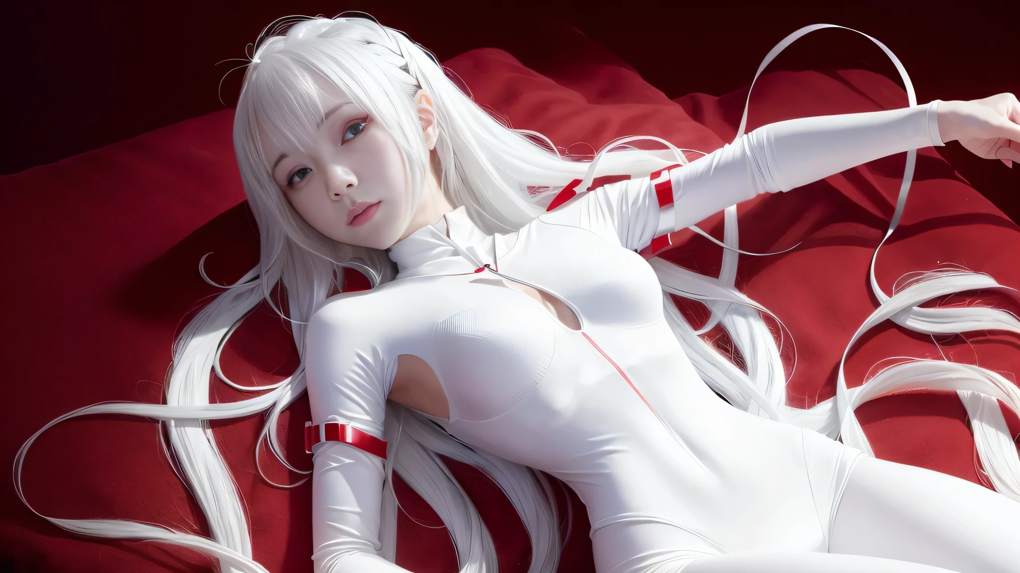 (8K, highest quality, masterpiece:1.2),High resolution,masterpiece,Super detailed,alone,1 girl and child,(whitecolorofbackground:1.5),(delicate eyes),((whitehair)),Plugsuit, 1 girl and , star_\( null\), short_hair, starry_null, Bodysuit, ayanami_king, alone, night_null, red_eye, red_ background, , white_bodysuit, pilot_suit, Lance_of_longinus, front hair, light_particle, ((triangular psychosensory apparatus on both sides of the head)), souryuu_Asuka_langley, taut_Clothes, Medium chest, Bokeh, Machine-like Clothes, Small logo pattern on chest of zero, red eye, realistic,(Lie:1.3)