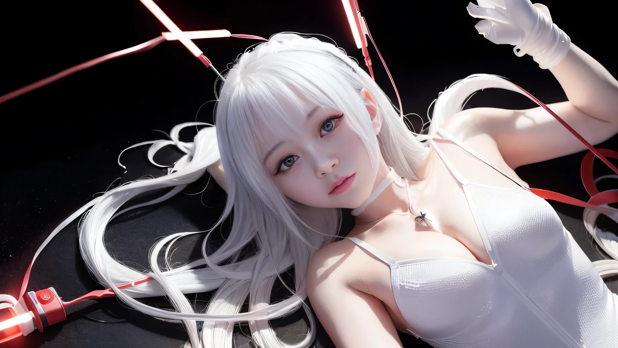 (8K, highest quality, masterpiece:1.2),High resolution,masterpiece,Super detailed,alone,1 girl and child,(whitecolorofbackground:1.5),(delicate eyes),((whitehair)),Plugsuit, 1 girl and , star_\( null\), short_hair, starry_null, Bodysuit, ayanami_king, alone, night_null, red_eye, red_ background, , white_bodysuit, pilot_suit, Lance_of_longinus, front hair, light_particle, ((triangular psychosensory apparatus on both sides of the head)), souryuu_Asuka_langley, taut_Clothes, Medium chest, Bokeh, Machine-like Clothes, Small logo pattern on chest of zero, red eye, realistic,(Lie:1.3)