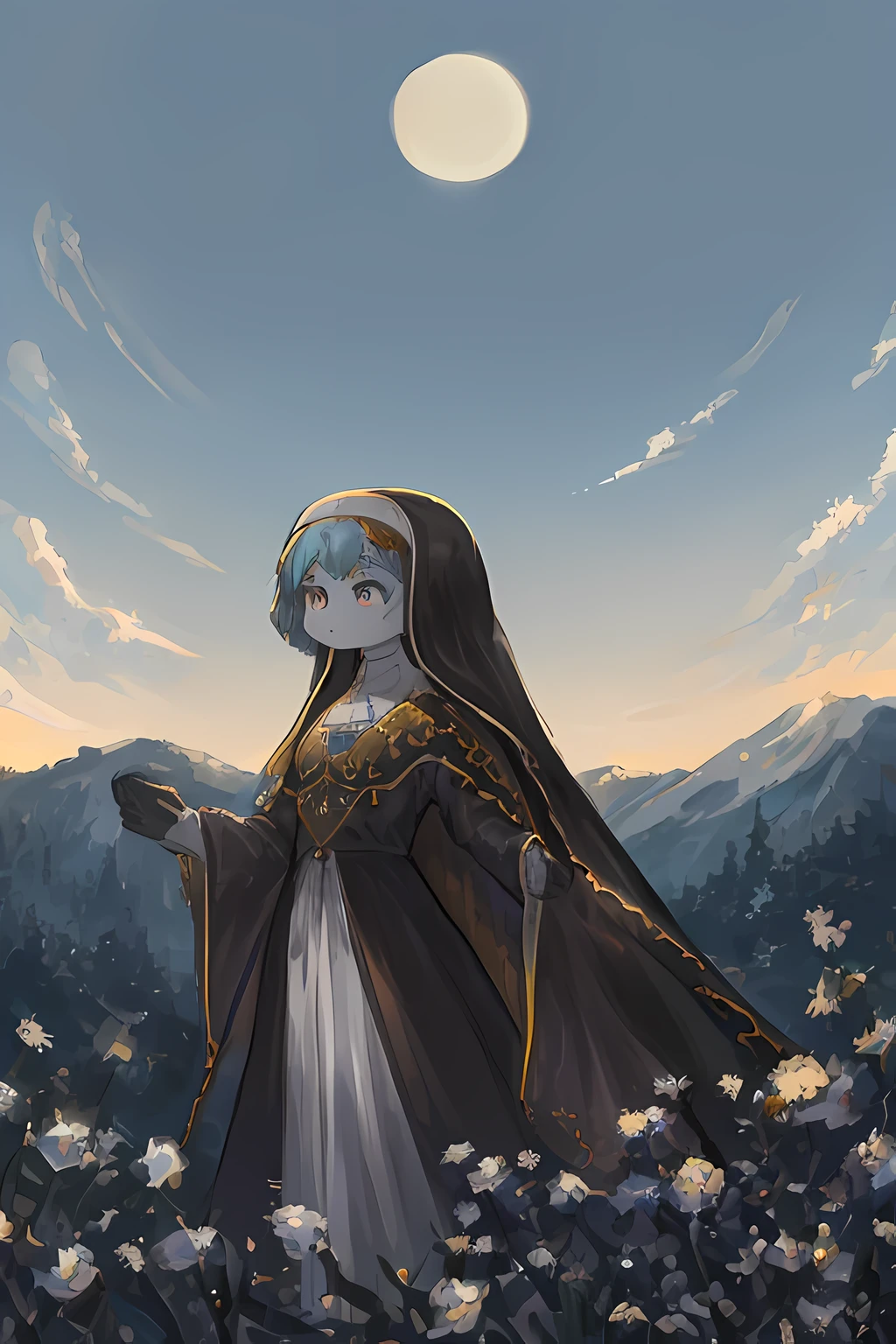 Goddess of Purity Unmatched Quality, impeccable attention to detail, breathtakingly realistic, Masterpiece of divine beauty, 8k resolution, Stunning Anime style, Winner of the Heavenly Art Contest, Flawless anatomy, Gaze towards the heavens, Energetic youth, Serene and composed, Devout Sister of Solace, Graceful posture, Slim figure, Standing amidst nature, Sunlit backdrop, Brilliant blue sky, Outdoor tranquility, Awe-inspiring full body shot, Captured from a lower angle, Fully attired, Noble vestments of the cloth, Virtuous nun's habit, Resplendent in purity, Modestly covered, Majestic bosom concealed, Admirable modesty, Unyielding dedication