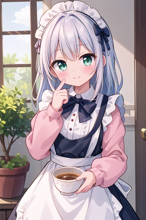 Extremely detailed, disorganized, ultra high resolution, Super detailed, highest quality,
1 girl, alone, nice hands, perfect hands,
rest apron, blush, bow, bowtie, frillsエプロン, frills, long sleeve, maid, maid apron, maid headdress, waist apron, white apron BREAK smile, Close your mouth and BREAK, put your finger on your mouth, raised an index finger, be quiet, cowboy shot, looking at the viewer,
break slender, cute, perfectly symmetrical face, 超cute girl, 超cute face, highly detailed eyes, ultra detailed hair, 超cute, super beautiful,
Rest Day, flower, ivy, leaf, indoors, open door, plant, potted plant, vines, window,
blake white (pink:1.2) hair, green eyes, long hair, medium breasts, 前hair, eyebrows visible through hair,
