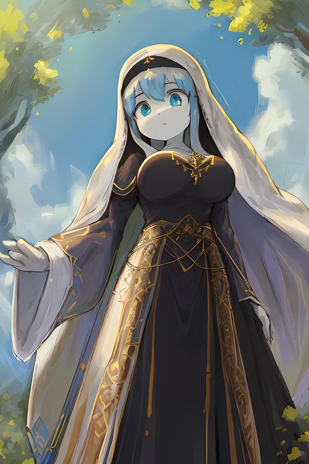 Goddess of Purity Unmatched Quality, impeccable attention to detail, breathtakingly realistic, Masterpiece of divine beauty, 8k resolution, Stunning Anime style, Winner of the Heavenly Art Contest, Flawless anatomy, Gaze towards the heavens, Energetic youth, Serene and composed, Devout Sister of Solace, Graceful posture, Slim figure, Standing amidst nature, Sunlit backdrop, Brilliant blue sky, Outdoor tranquility, Awe-inspiring full body shot, Captured from a lower angle, Fully attired, Noble vestments of the cloth, Virtuous nun's habit, Resplendent in purity, Modestly covered, Majestic bosom concealed, Admirable modesty, Unyielding dedication
