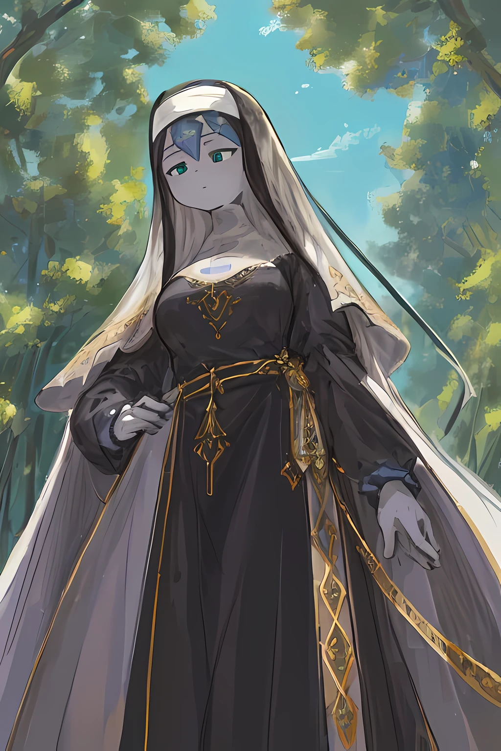 Goddess of Purity Unmatched Quality, impeccable attention to detail, breathtakingly realistic, Masterpiece of divine beauty, 8k resolution, Stunning Anime style, Winner of the Heavenly Art Contest, Flawless anatomy, Gaze towards the heavens, Energetic youth, Serene and composed, Devout Sister of Solace, Graceful posture, Slim figure, Standing amidst nature, Sunlit backdrop, Brilliant blue sky, Outdoor tranquility, Awe-inspiring full body shot, Captured from a lower angle, Fully attired, Noble vestments of the cloth, Virtuous nun's habit, Resplendent in purity, Modestly covered, Majestic bosom concealed, Admirable modesty, Unyielding dedication