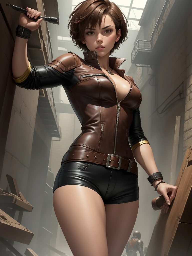 Digital art style, looking at the audience, whole body, The art of math, 1 girl, alone, short hair, brown hair, brown eyes, tons, fit, Strong, fighter, Theft and leather clothing, fantasy