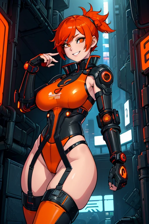 female, red short hair with yellow highlights, orange eyes, (((1girl))), (((orange cyberpunk suit with red trim))), (black cybernetic gauntlets), (black cybernetic boots), (black belt), (cute and sexy, large breasts, large butt, full body, long legs, smiling