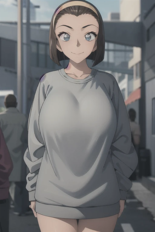 highest quality, (masterpiece:1.2), 
1 girl, alone, closed mouth, smile,
brown hair、short bob、hair band、I can see the forehead, (huge breasts)
(Oversized grey sweatshirt、Oversized grey sweatshirtズボン)
Are standing, looking at the viewer,I can see the whole body