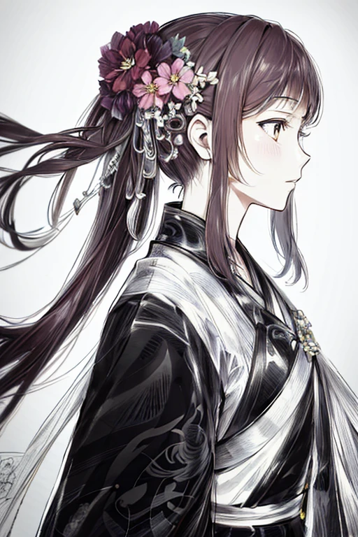 Photo of a woman with long hair,A flower stuck in his hair, 美丽的line drawing, clean line drawing, perfect line drawing, line drawing behance hd, extremely fine ink line drawing, hyper 详细的line drawing, 精美的line drawing, intricate line drawing, 详细的line drawing, line drawing, bold line drawing, detailed manga style, Very fine lines, line drawing