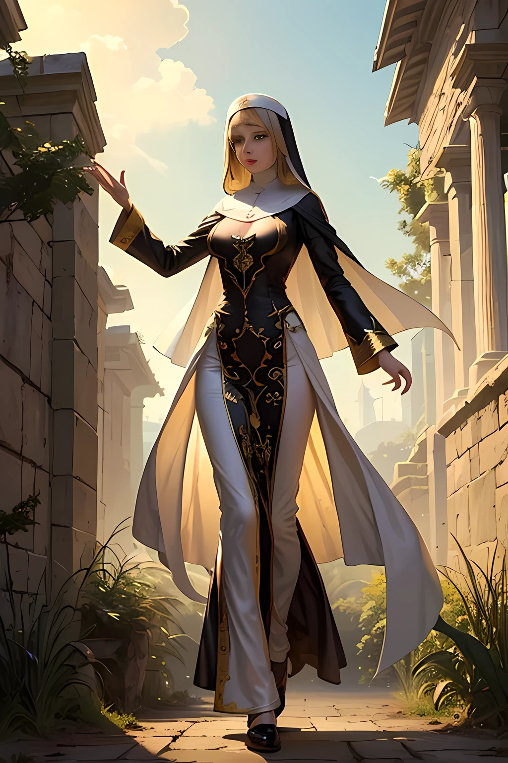 (Masterpiece, top quality, best quality, official art, beautiful and aesthetic: 1.2), (ung slim nun), Extreme detailed, colorful, highest detailed, full body shot, Taken from below, Outdoor setting, Fully clothed, Covered gigantic breasts, Braless, Hidden cleavage, Delicate and intricate robe, Soft and flowing fabric, Slender and graceful figure, Serene expression, Harmonious composition, Atmospheric perspective, Soft focus, Golden hour lighting, Sunrays filtering through, Shimmering aura, Noble and spiritual, Neo-classical, Minimalist, Zen-inspired, Det