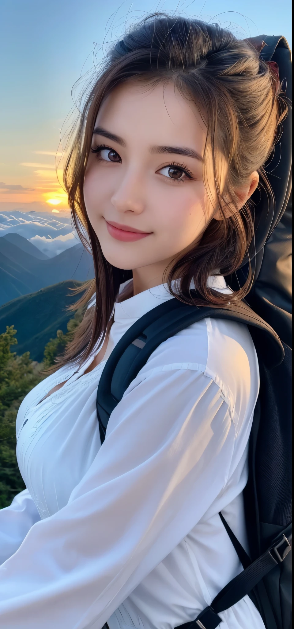 (nature landscape photography), (best quality), ultra high resolution, (majestic mountain peak, sea of clouds), (On very high peaks), (beautiful sunset), (wide angle shot), (Show cleavage:0.8), (1 girl in), (face close-up:1.3), (18 years old), (Smile:0.9), (shiny skin), (half bun, Dark brown hair), (loose white shirt, Parachute pants), (Carrying a big backpack), (Super detailed face), (Super beautiful maid), (Super detailed eyes), (Super detailed nose), (Super detailed mouth), (Super detailed arms), (Super detailed body), pan focus, Staring at the audience