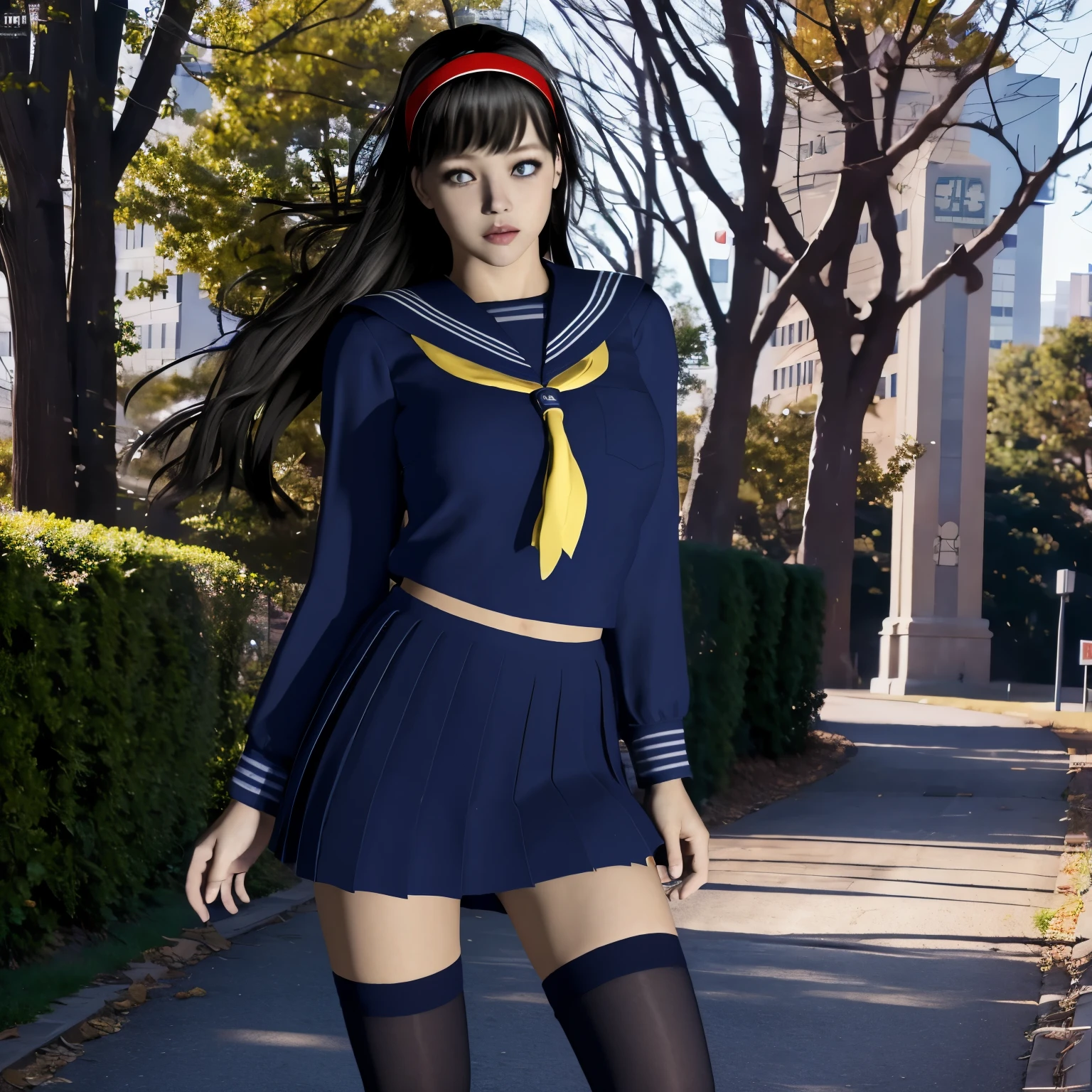 (8K, highest quality, masterpiece:1.2), (realistic, photo-realistic:1.37), Super detailed,highest quality, ultra high resolution, professional lighting, photon mapping, radio city, Physically based rendering, cinematic lighting, midnight road,Depth of written boundary, sharp focus, light, good composition,(beautiful thighs) 1 girl,alone,(whole body), ((high school girl sailor suit、navy knee socks)),fine and beautiful eyes, temporarily stop, tight waist,Japanese high school girl, black hair,messy hair,long hair fluttering in the wind,(Ulzzang-6500:1.2) mix 4,