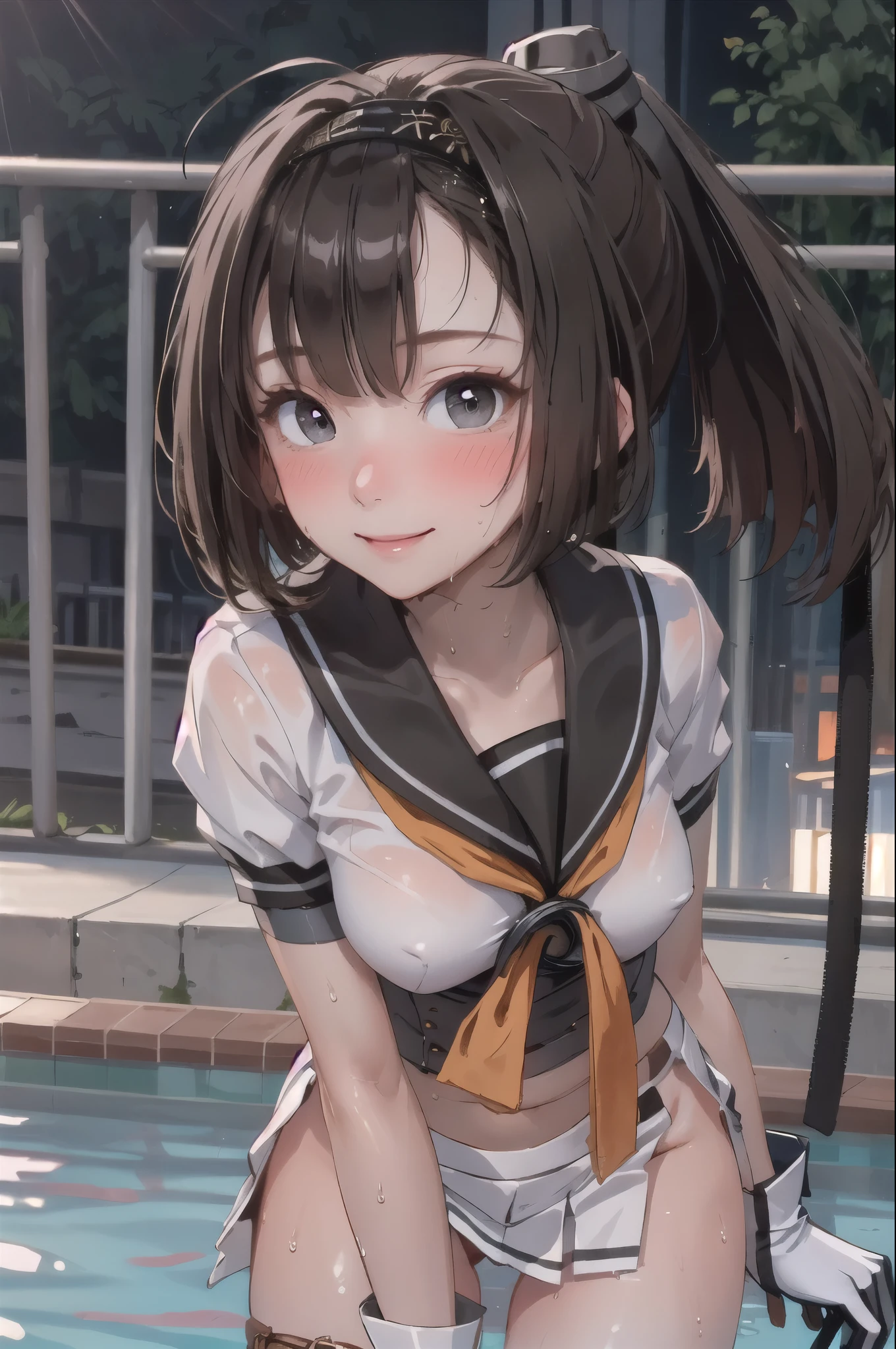 (masterpiece, highest quality:1.4), highest quality, masterpiece, High resolution,
(perfect anatomy), (symmetrical eyes, highly detailed eyes, beautiful eyes), (, super detailed face, beautiful face), (black eyes),
Destroy a girl, alone,,((NSFW)), (2 from bottom.1)
QiuyueKC, (Qiuyue) uniform, (black) head band, (black) sailor collar, (yellow) neckerchief, (colorful) gloves, (white) pleated skirt, (gray) boots, (white)(black) gloves, (right side) thigh strap,(short sleeve) serafuku, (gray) corset, mini skirt,Blushing looking at viewer, cowboy shot, towards the audience, smile, (pool background),wet clothes, wet hair
(Skirt flip), fully exposed panties,