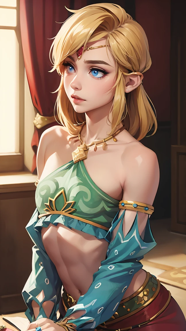((masterpiece)), ((best quality)), (detailed), perfect, solo, link, gorgeous boy, luscious lips, blonde hair, sexy, sexy marked collarbones