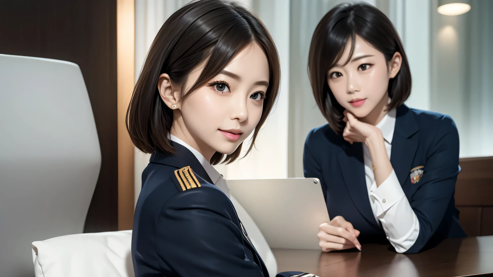 (RAW photo,highest quality),(dynamic pose),Looks like a whole body,flight attendant uniform,(Realistic,Realistic:1.3),highest quality,master piece,very elegant and beautiful,very detailed,cg,unified,2k wallpaper,wonderful,beautiful detailaster piece,highest quality,very detailedCG Unity 8K wallpaper,,, Realistic,(Lie:1.3)