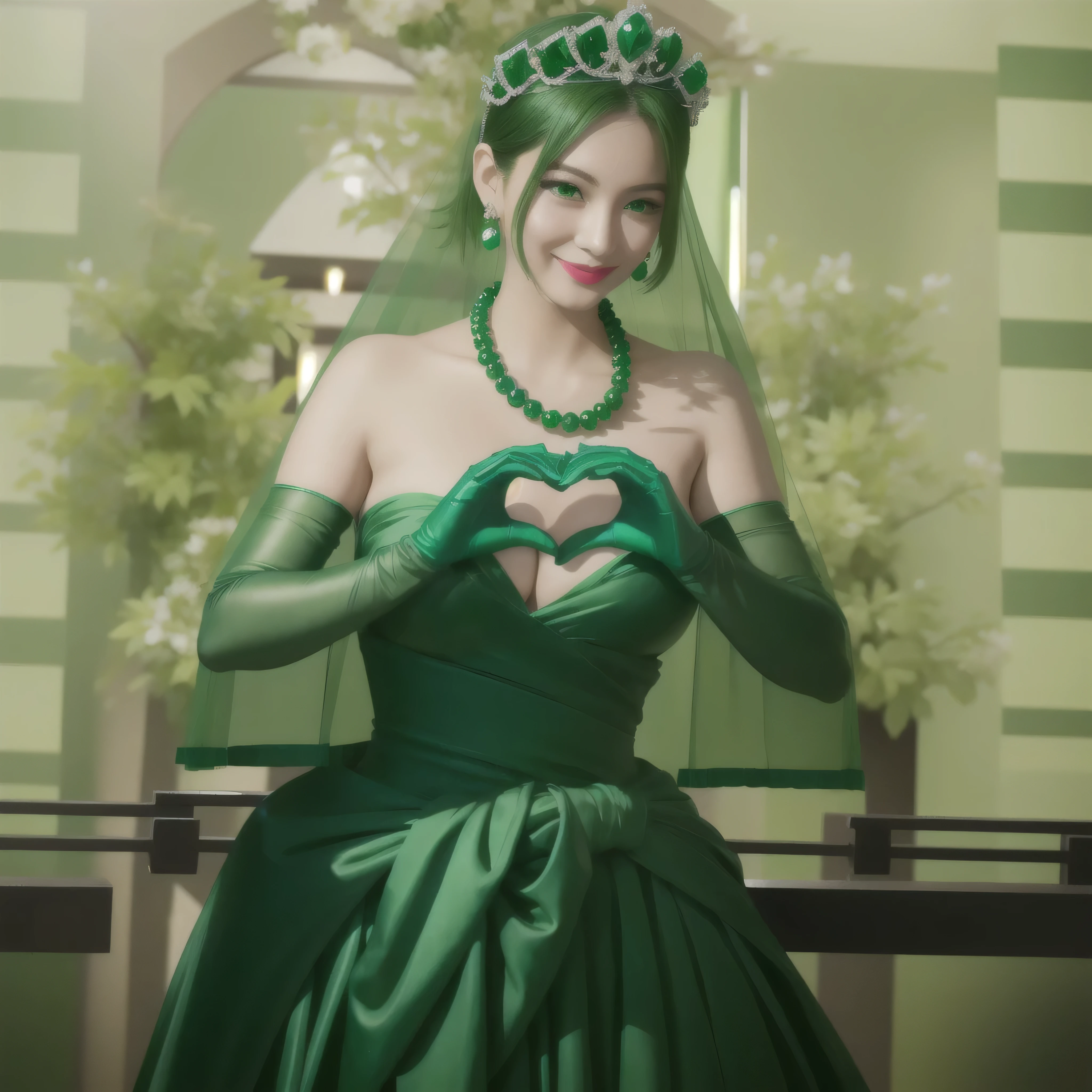 emerald tiara, green pearl necklace, boyish very short green hair, green lips, smiling Japanese woman, very short hair, Beautiful woman with big breasts, green eyes, green satin long gloves, green eyes, emerald earrings, green veil, Heart with both hands, green hair, beautiful japanese woman, heart shaped hands:1.3, green lip gloss